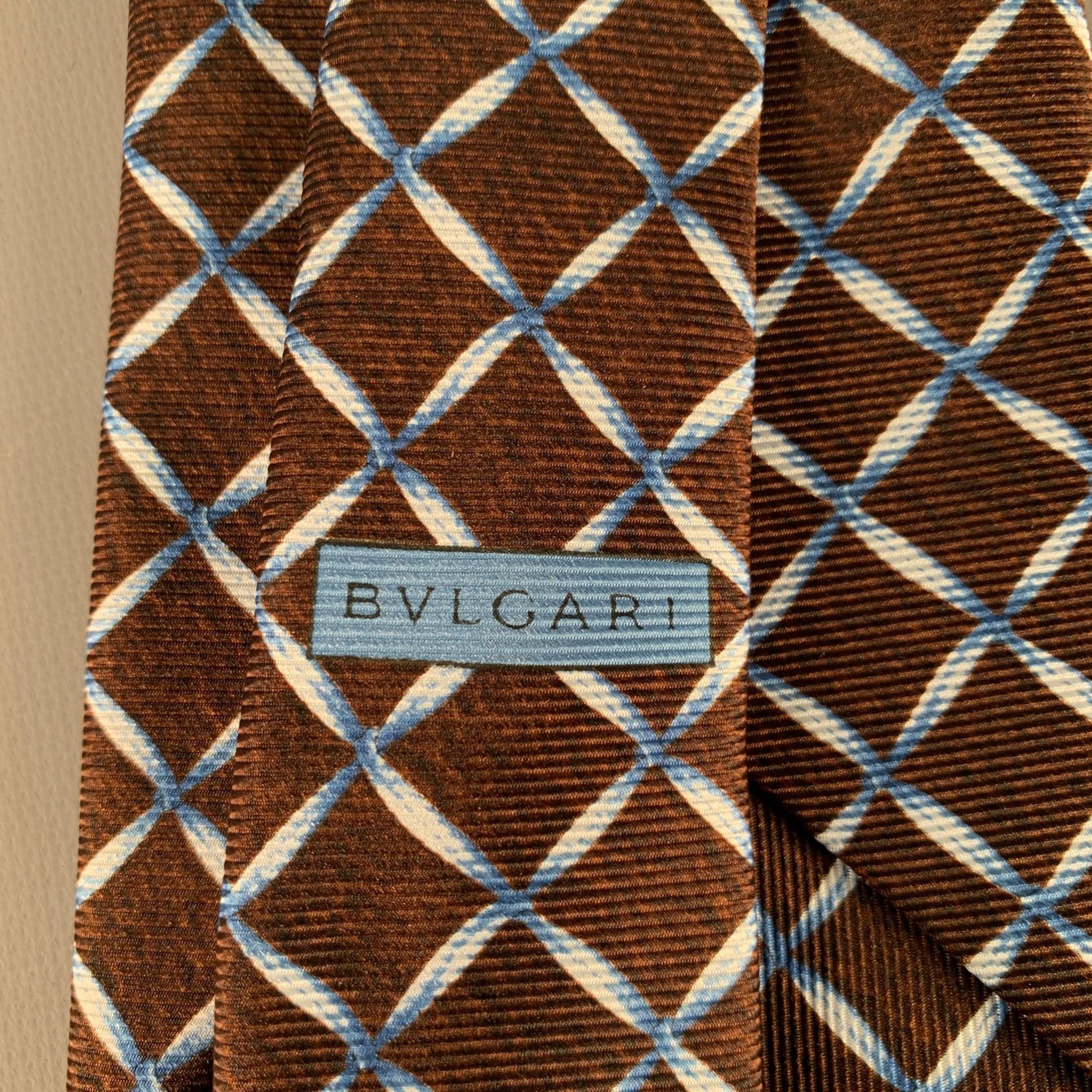 Black BVLGARI Brown Blue Window Pane Silk Tie For Sale