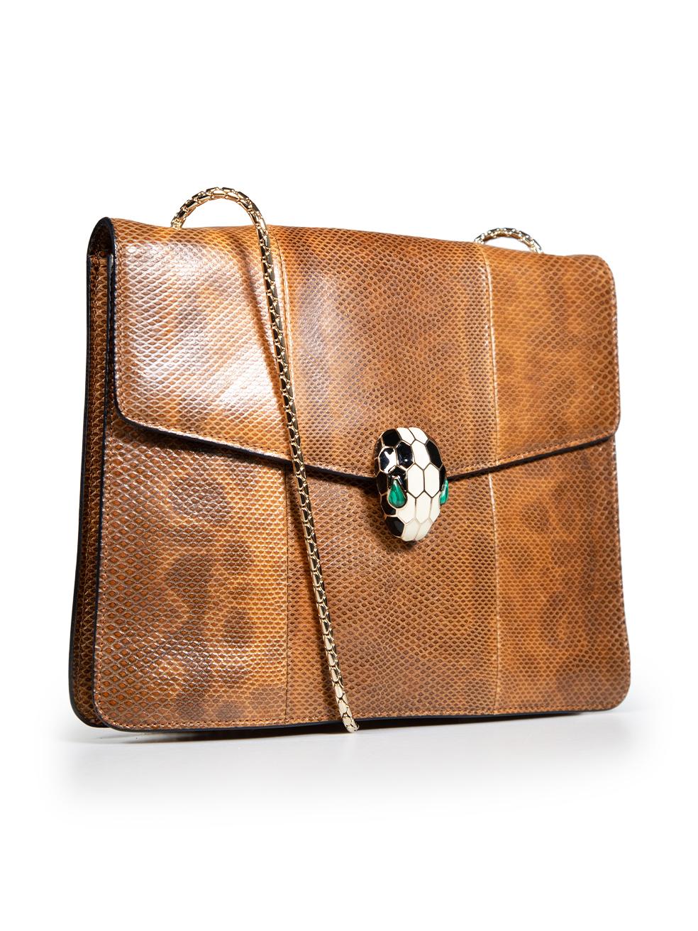 CONDITION is Very good. Hardly any visible wear to bag is evident on this used Bvlgari designer resale item. This item comes with an original dust bag.
 Details
 Model: Serpenti
 Brown
 Lizard leather
 Shoulder bag
 1x Chain strap
 Gold hardware
