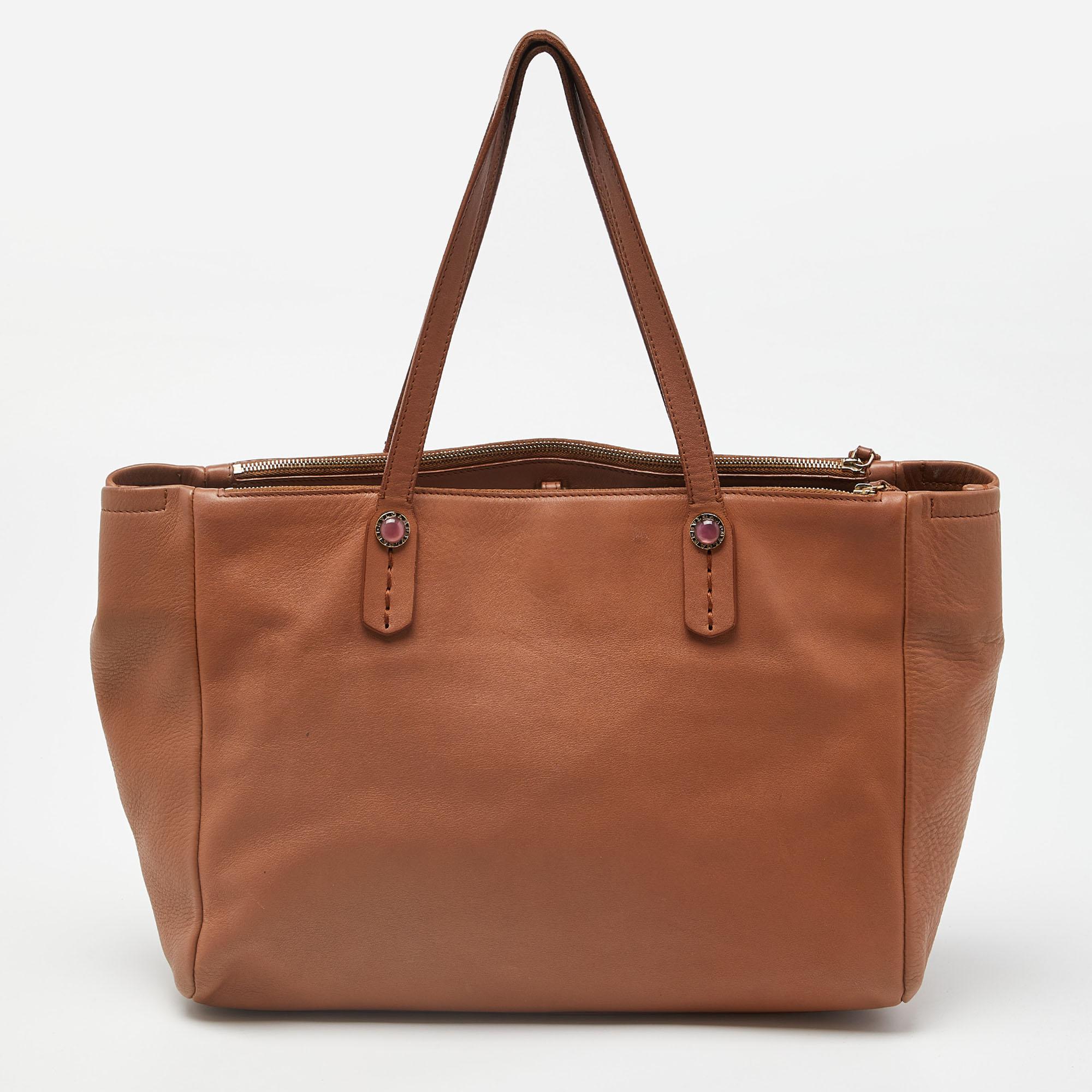 Bvlgari Brown Leather Double Zip Shopper Tote For Sale 1