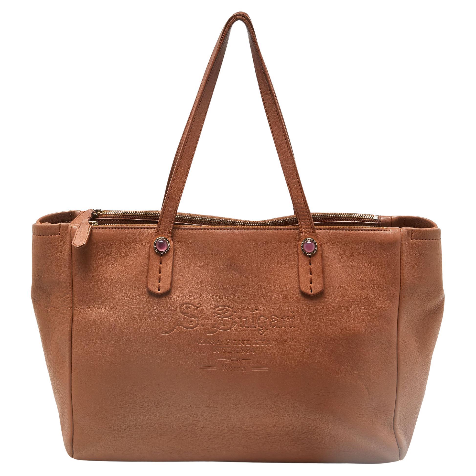 Bvlgari Brown Leather Double Zip Shopper Tote For Sale