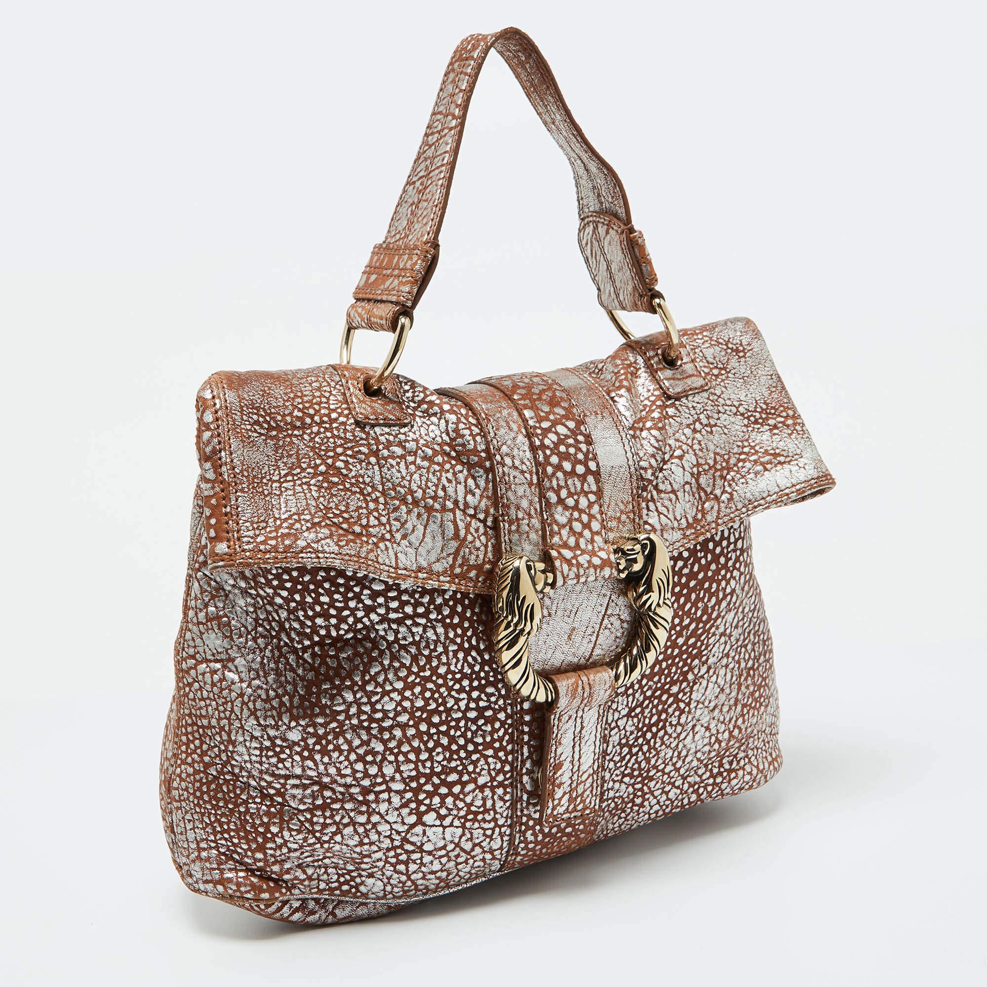 Bvlgari Brown/Silver Leather Leoni Top Handle Bag In Good Condition In Dubai, Al Qouz 2