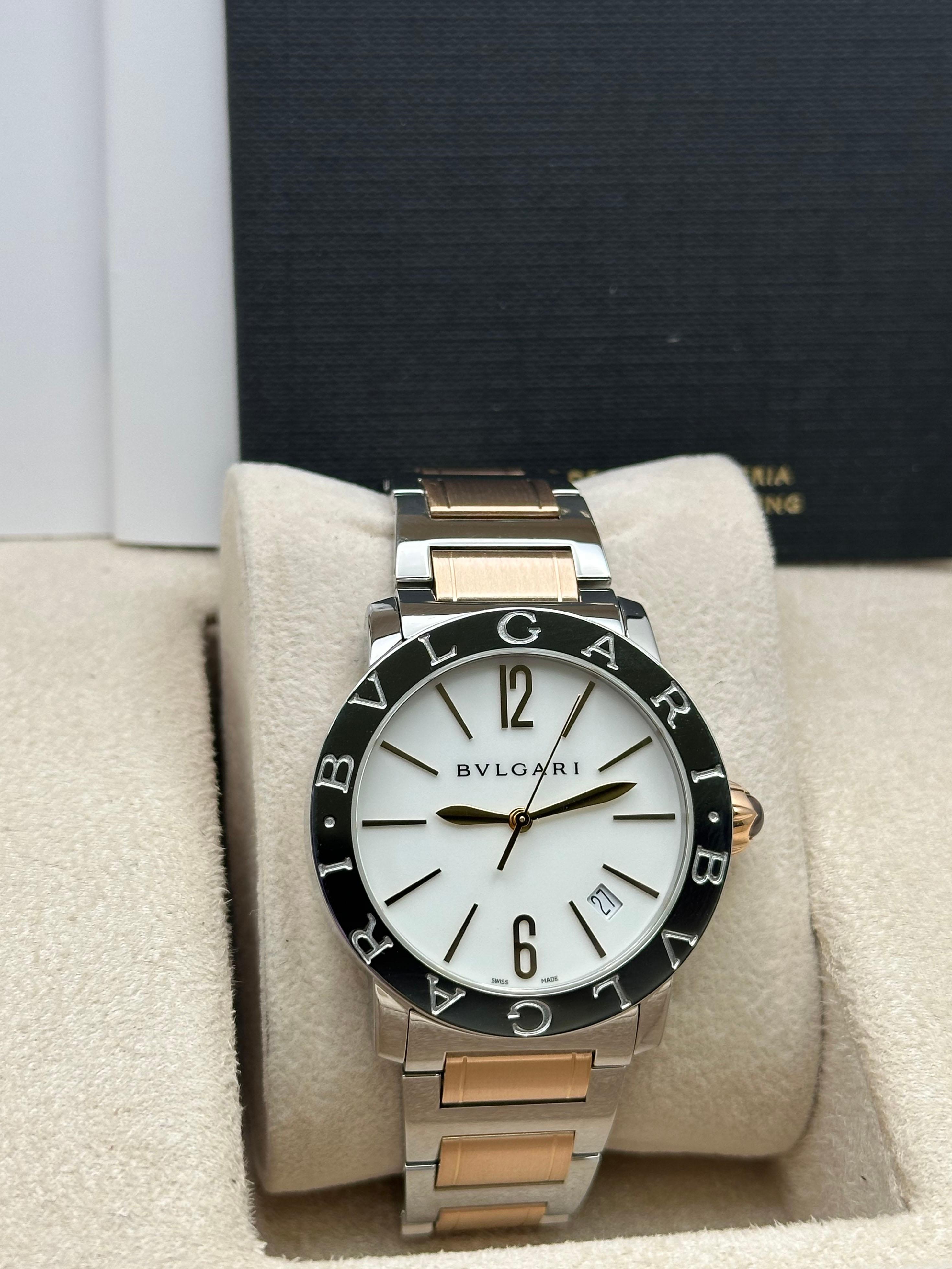 BVLGARI Bulgari 102266 Esfera Blanca 18K Oro Rosa Acero Inoxidable Caja Papel en Excelente estado para la venta en San Diego, CA