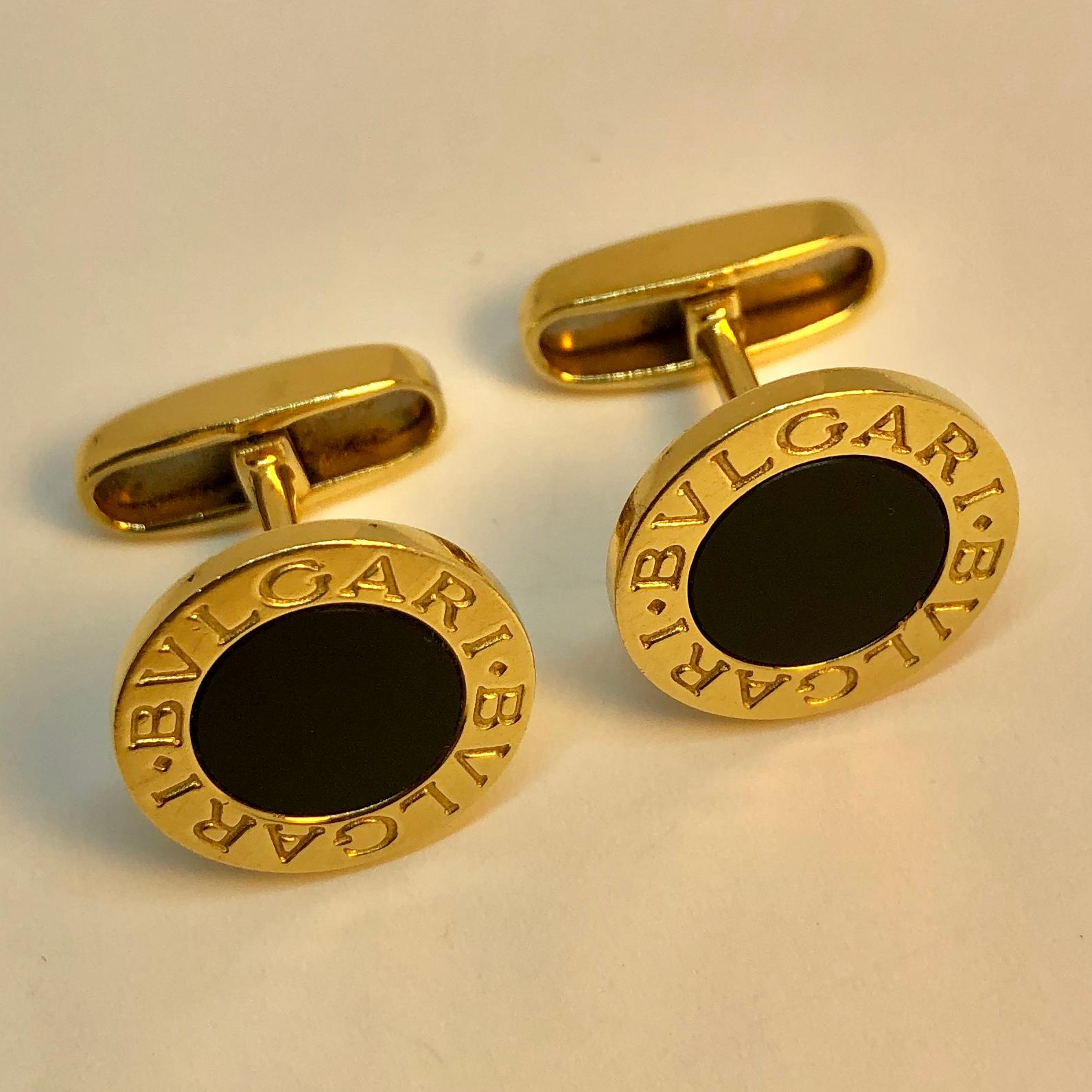 Onyx and 18 Carat (18k) Yellow Gold signature cuff links by Italian jewellery house Bvlgari 