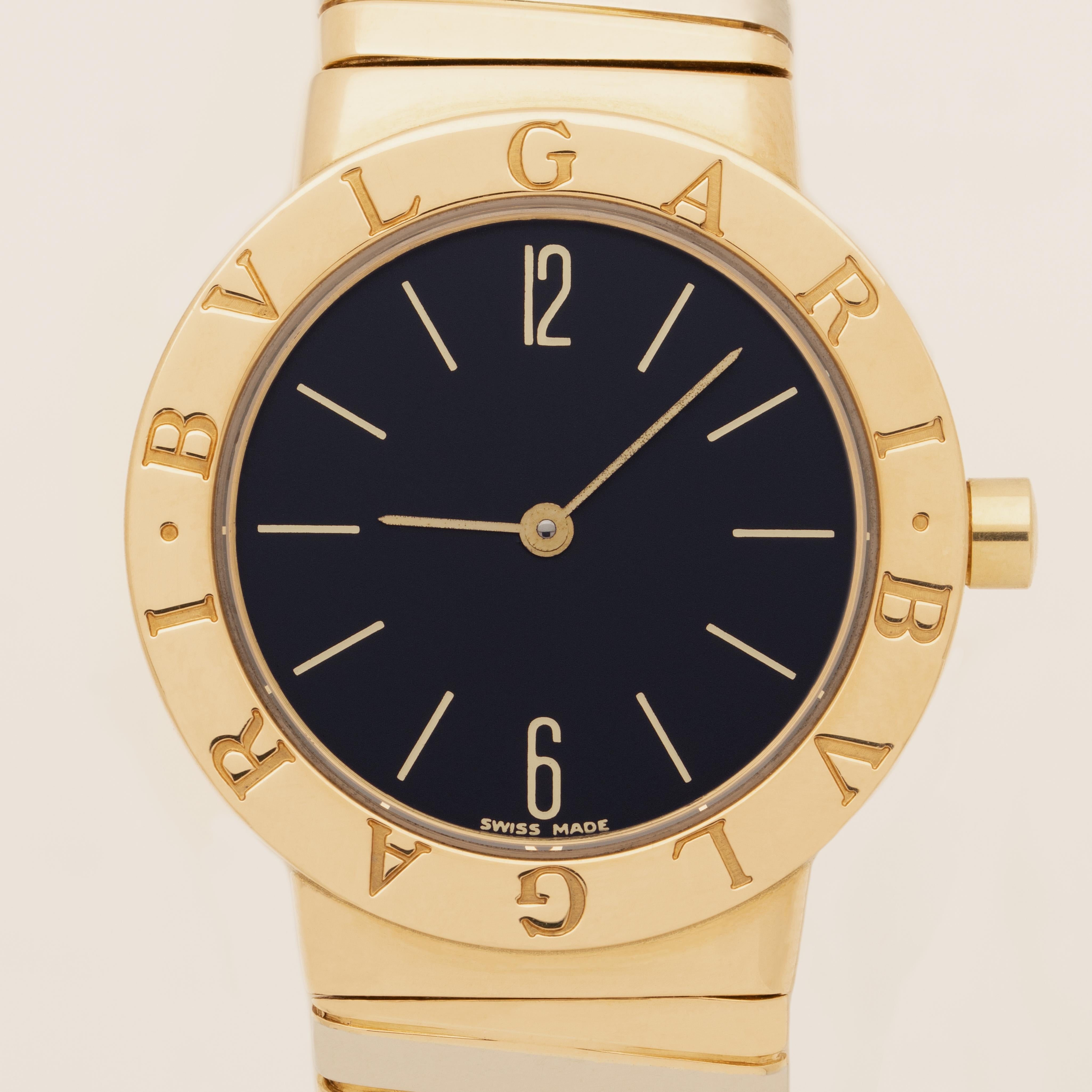 Bvlgari Bulgari  18 Karat Tri-Color Gold 
More Rare Large Dial Tubogas Watch model 	
BB 30 2T

30mm Dial - this model is more rare as they made fewer with this larger dial size
Quartz Movement
Guaranteed Authentic 

Stephanie Windsor guarantees the
