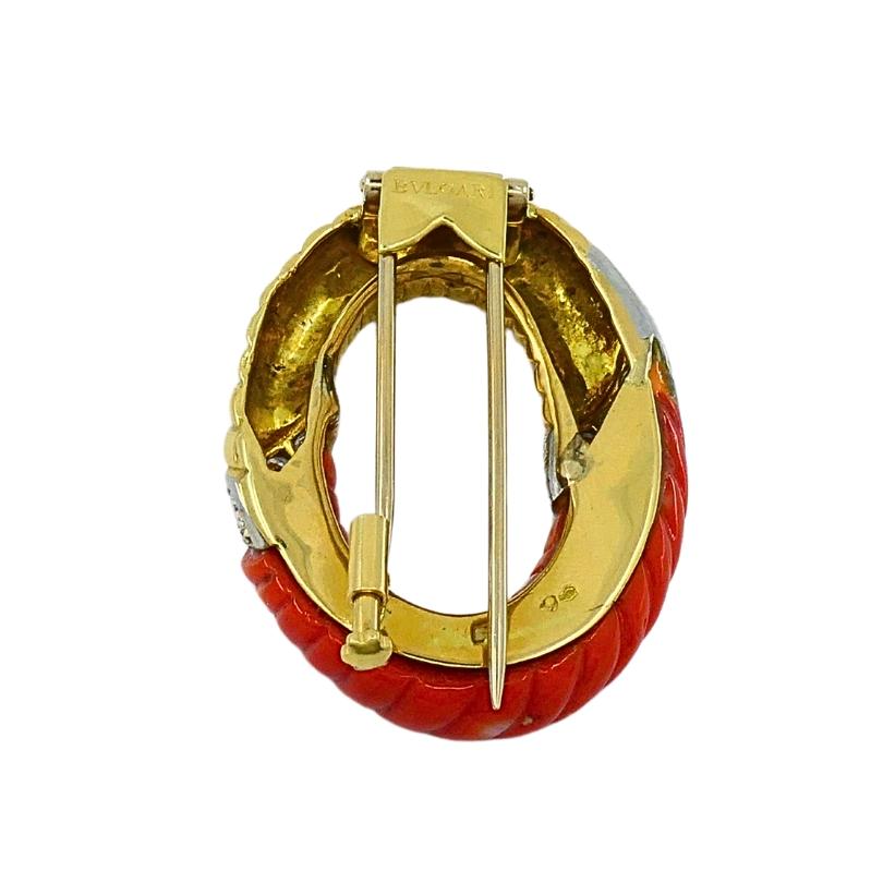 Bvlgari Bulgari 18k Gold Koralle Diamant Oval Brosche im Zustand „Gut“ im Angebot in Beverly Hills, CA