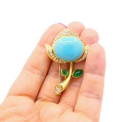 Bvlgari Bulgari 18k Gold Turquoise Flower Brooch Emerald Diamond Accents