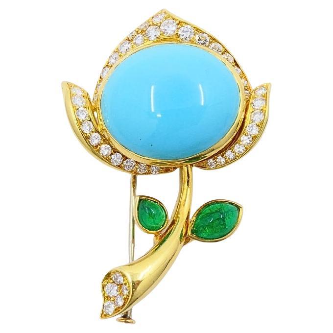 Bvlgari Bulgari Broche Flor Turquesa Oro 18k Acentos Diamante Esmeralda en venta