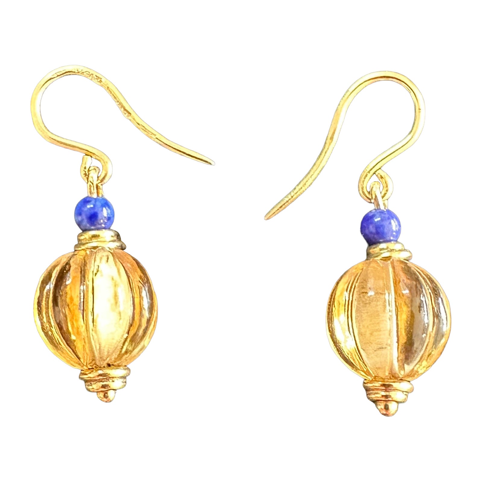 Bvlgari Bulgari 18K Yellow Gold Citrine Lapis Lazuli Dangle Earrings, Italy For Sale