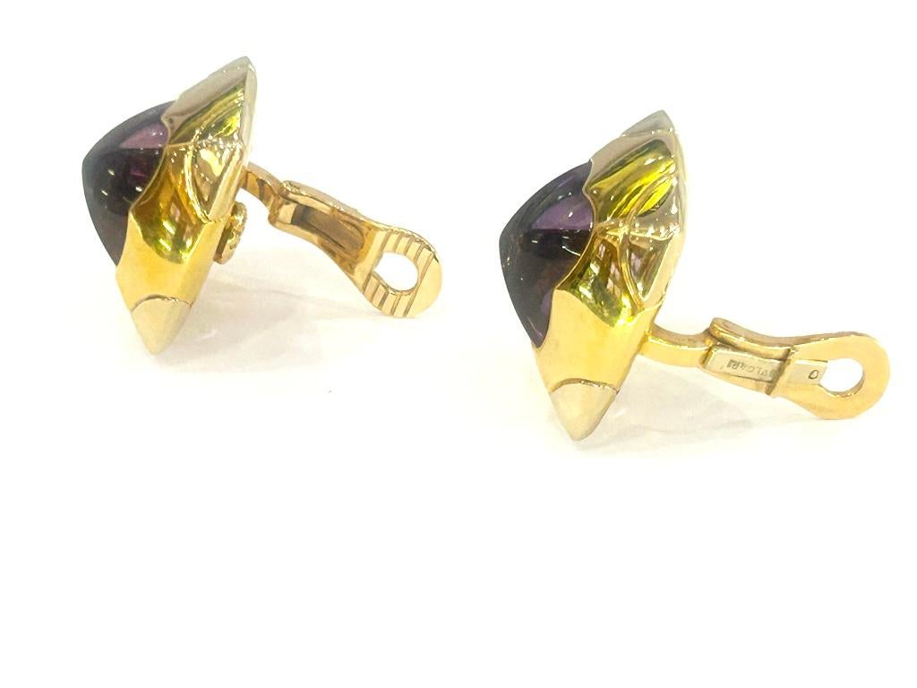 Cabochon Bvlgari Bulgari 18K Yellow Gold Pyramid Earrings with Carved Amethyst For Sale