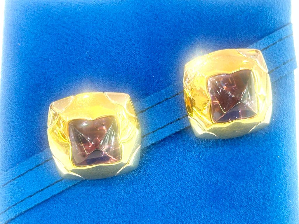 Bvlgari Bulgari 18K Yellow Gold Pyramid Earrings with Carved Amethyst For Sale 2