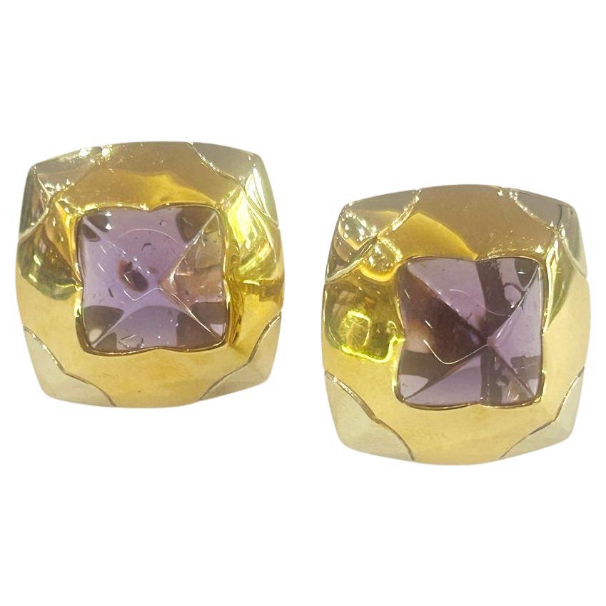 Bvlgari Bulgari 18K Yellow Gold Pyramid Earrings with Carved Amethyst