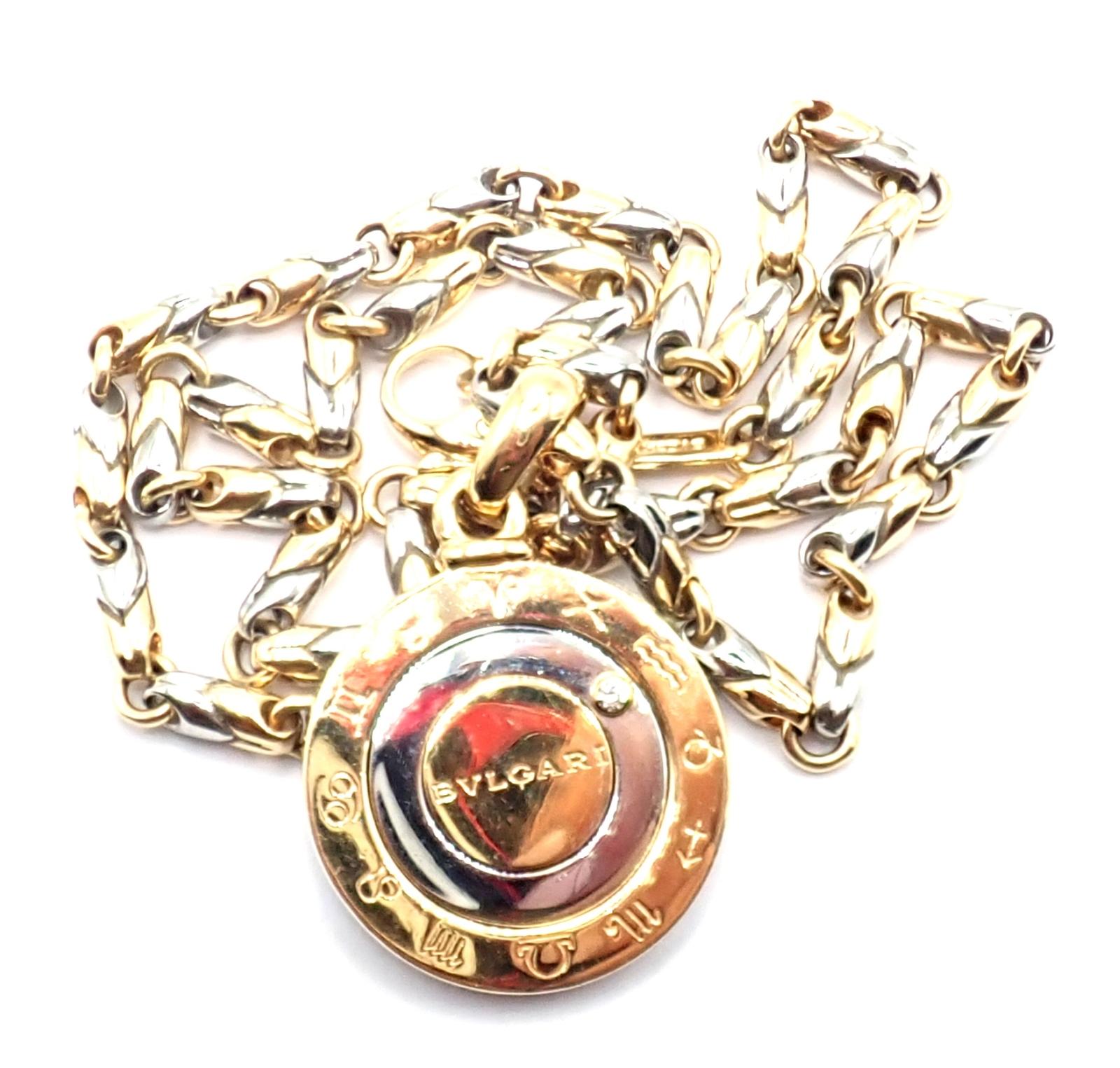 Taille brillant Bvlgari Bulgari 18k Yellow Gold Steel Diamond Horoscope Zodiac Pendant Necklace en vente