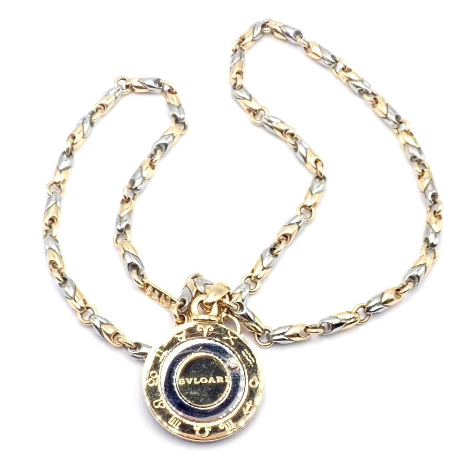 Bvlgari Bulgari 18k Yellow Gold Steel Diamond Horoscope Zodiac Pendant Necklace en vente 3