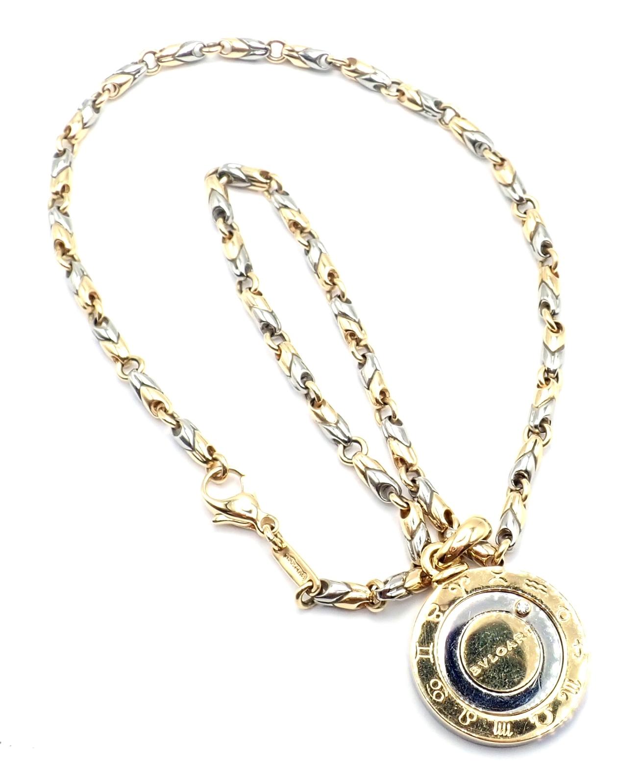 Bvlgari Bulgari 18k Yellow Gold Steel Diamond Horoscope Zodiac Pendant Necklace en vente 4