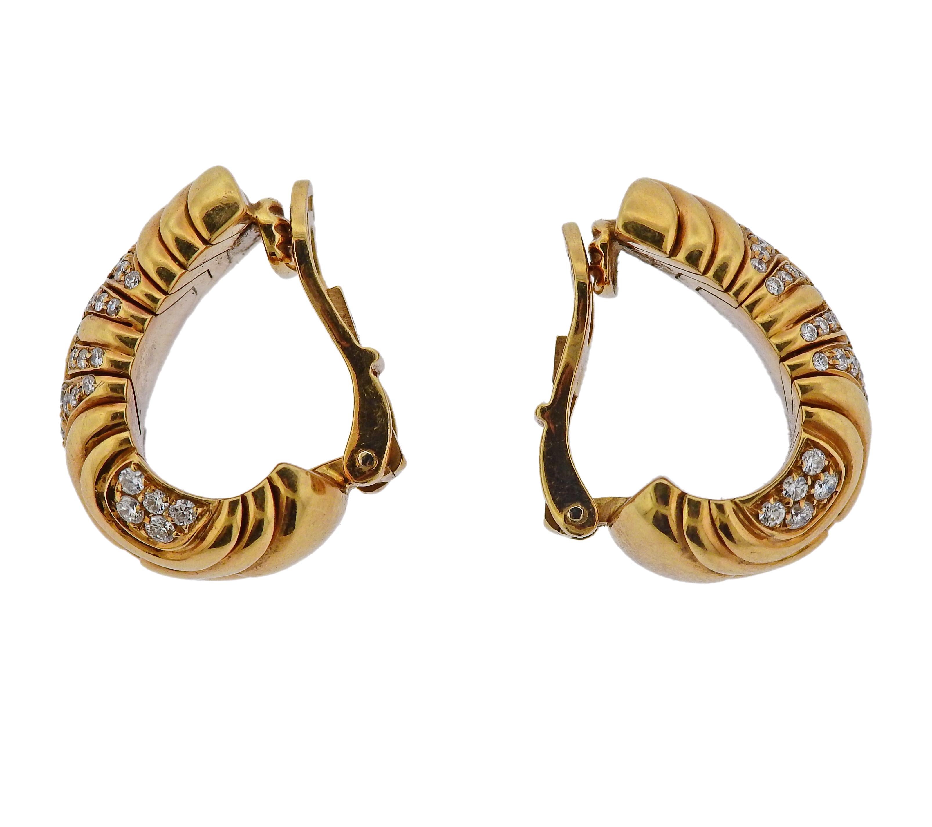 Pair of 18k yellow gold Alveare earrings, set with approx. 1.10ctw in G/VS diamonds.  Earrings are 23mm x 14mm. Weigh 34.2 grams. Marked: BA6314, Bvlgari, 1988, 750.