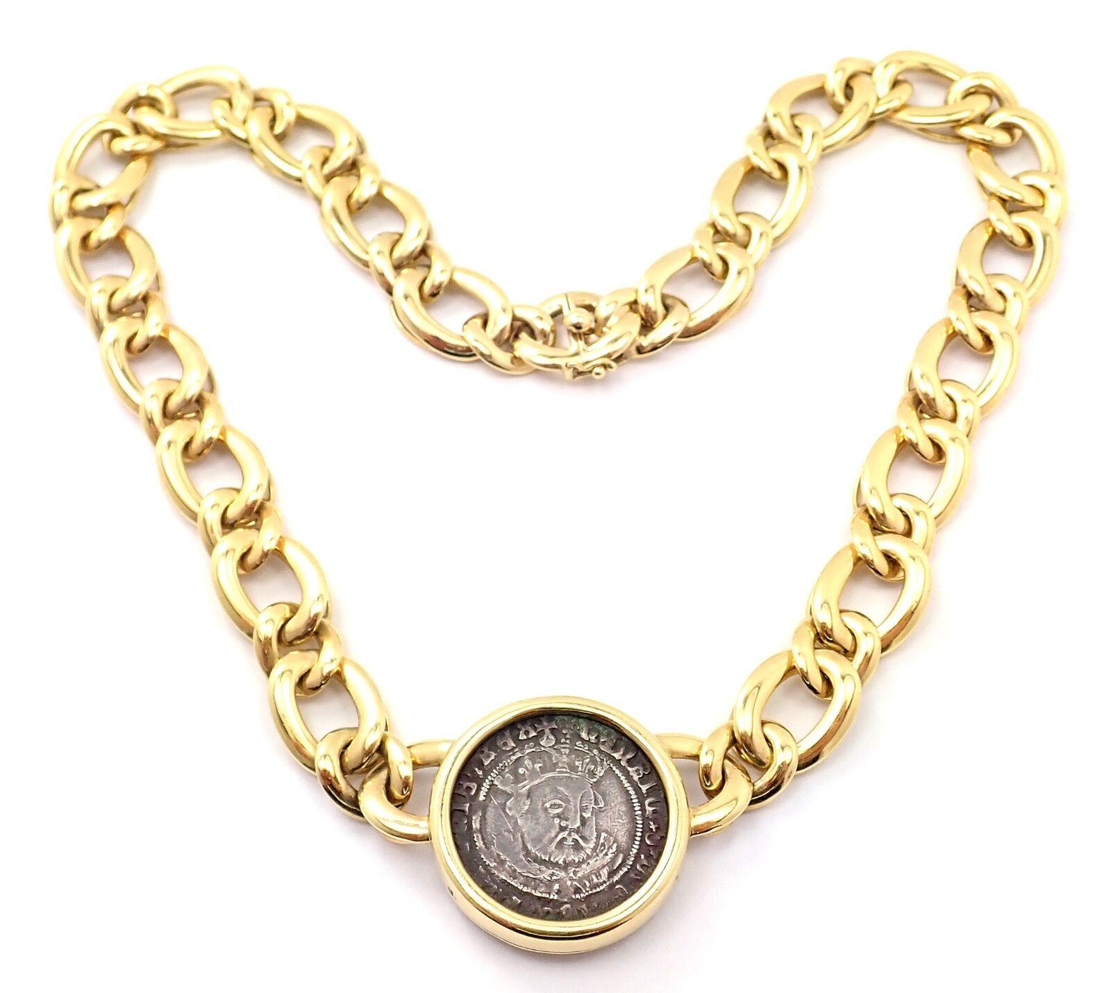 18k yellow gold ancient coin, link chain Monete necklace by Bulgari.
Details: 
Length: Necklace is 16