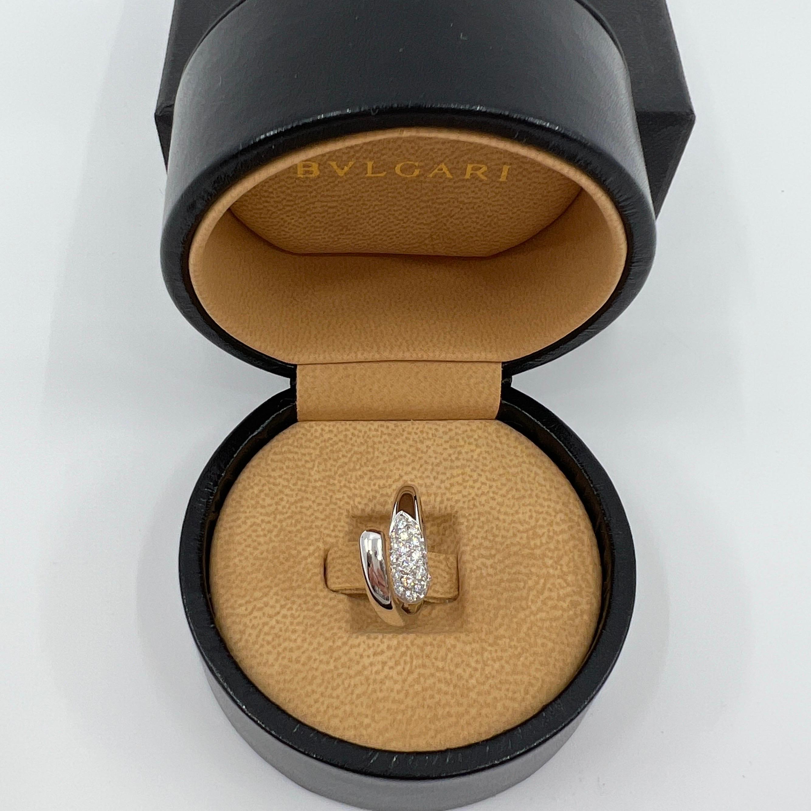 Bvlgari Astraea Diamond Pave 18k White Gold Ring.

The classic Bvlgari snake theme from the more modern Astraea line, this 18K white gold ring wraps comfortably around the finger. 

The ring is beautifully pave set with 22 fine round brilliant cut