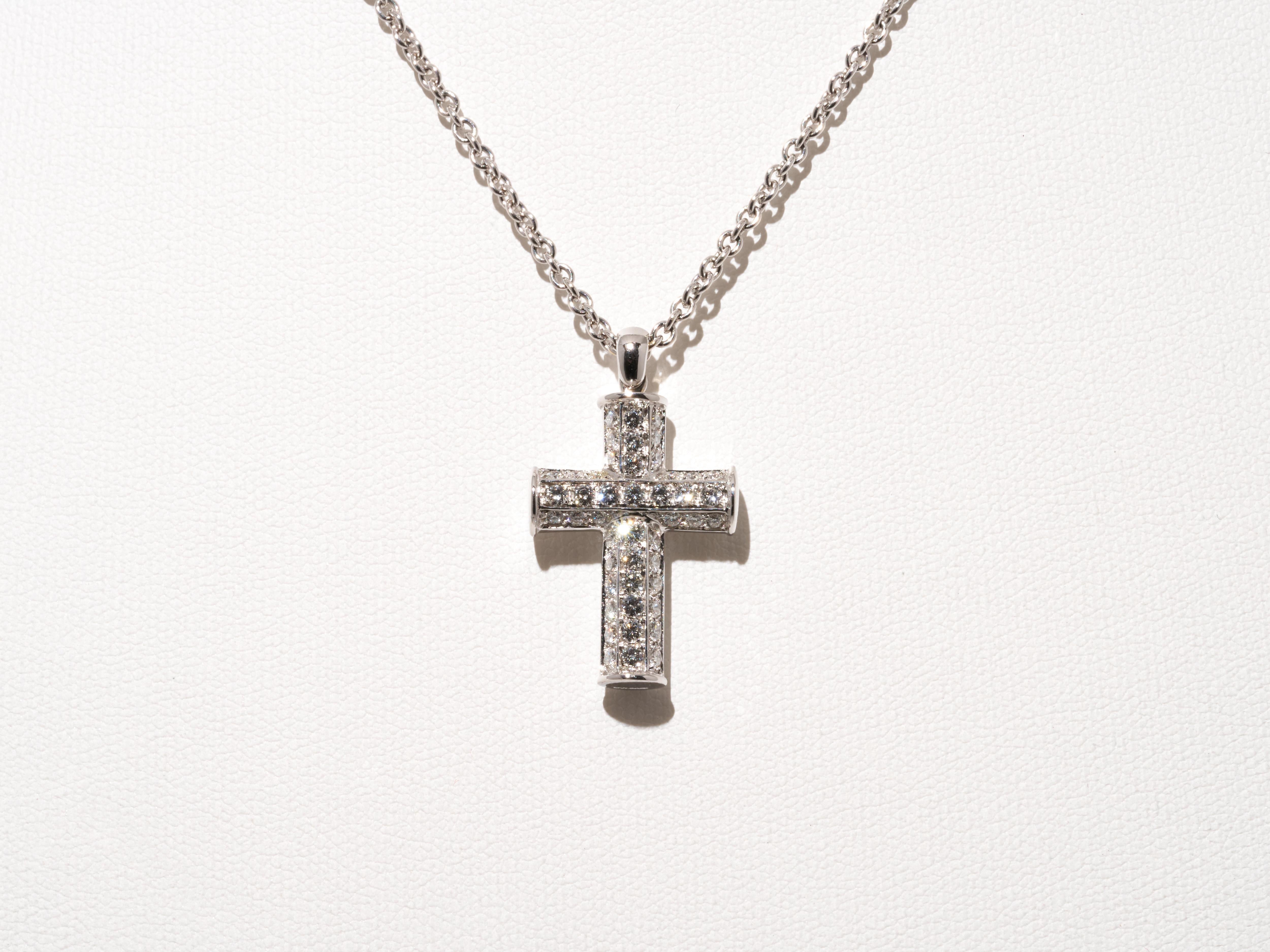 Brilliant Cut Bvlgari Bulgari Diamond Gold Cross Necklace 18K White Full Pave Pendant Boxed For Sale