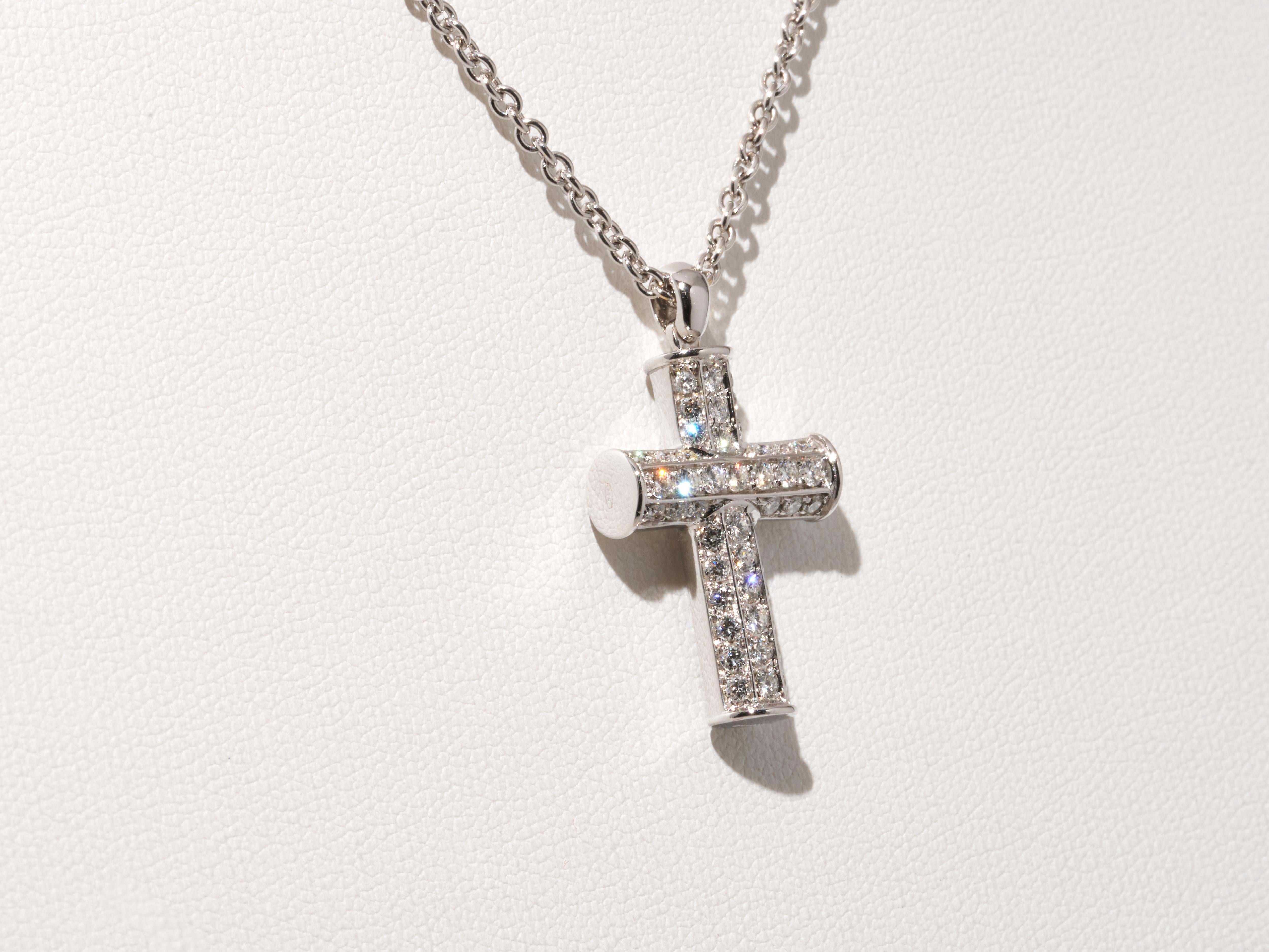 Bvlgari Bulgari Diamond Gold Cross Necklace 18K White Full Pave Pendant Boxed In Excellent Condition For Sale In London, GB