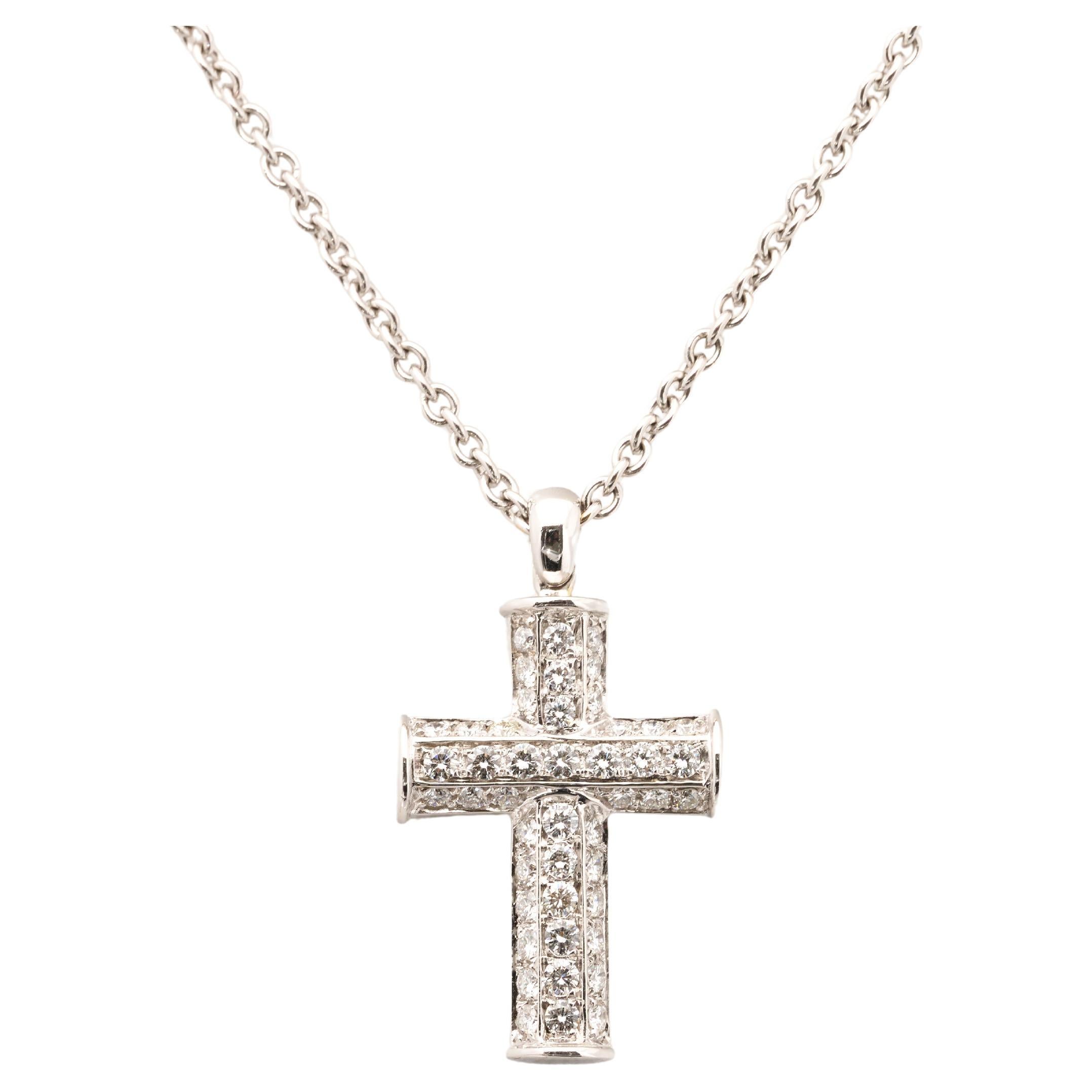 Bvlgari Bulgari Diamond Gold Cross Necklace 18K White Full Pave Pendant Boxed