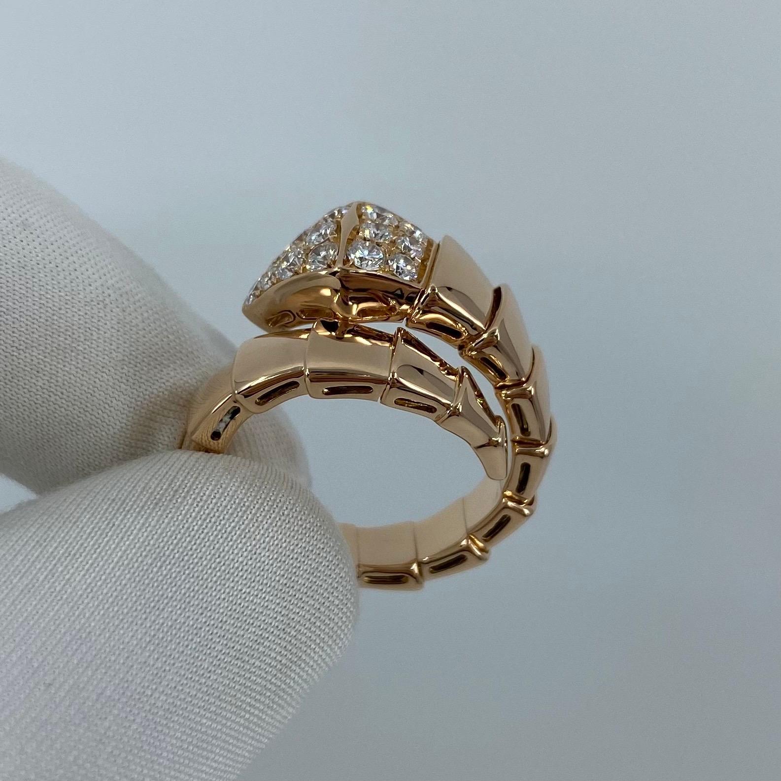 Bulgari Diamond Serpenti 18 Karat Rose Gold Spring Snake Ring.
Serpenti Viper one-coil ring in 18K rose gold, set with pavé diamonds on the head.
In excellent condition, has been professionally polished and cleaned.

In a tribute to its spirit