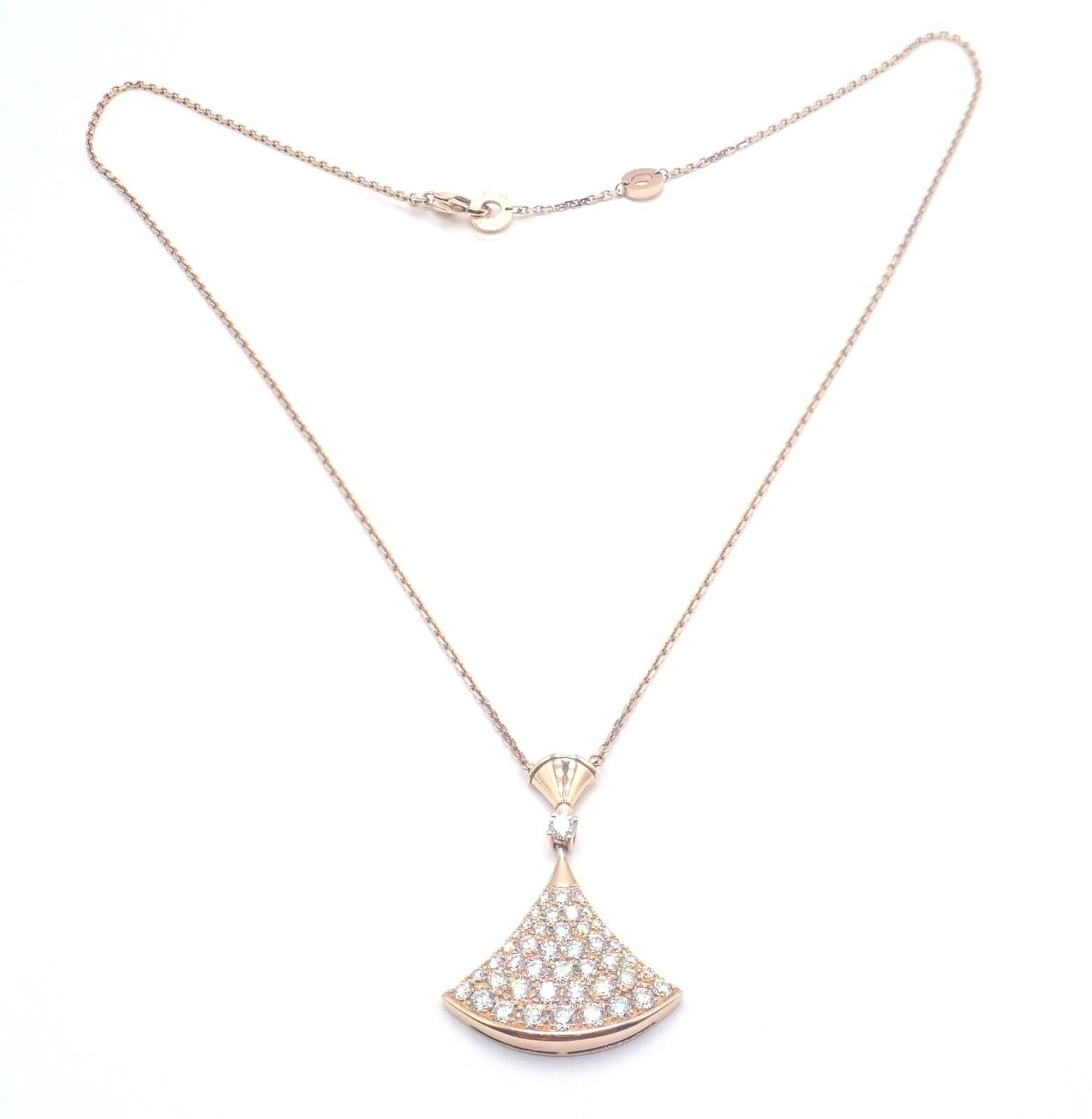18k Rose Gold Diamond Large Diva Pendant Necklace by Bulgari. 
With 43 Round brilliant cut VS1 clarity, E color diamonds total weight approximately 2.14ct
This necklace retails for $24,200 plus tax.
Details:
Weight: 9.7 grams
Measurements: Length