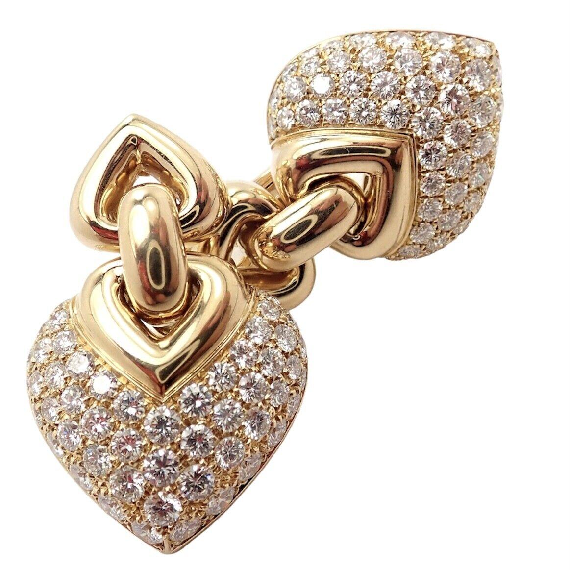 Bvlgari Bulgari Doppio Cuore Diamond Heart Yellow Gold Drop Earrings In Excellent Condition In Holland, PA