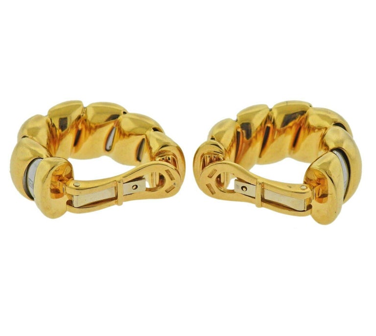 Bvlgari Bulgari Gold and Steel Hoop Earrings In Excellent Condition In Boca Raton, FL