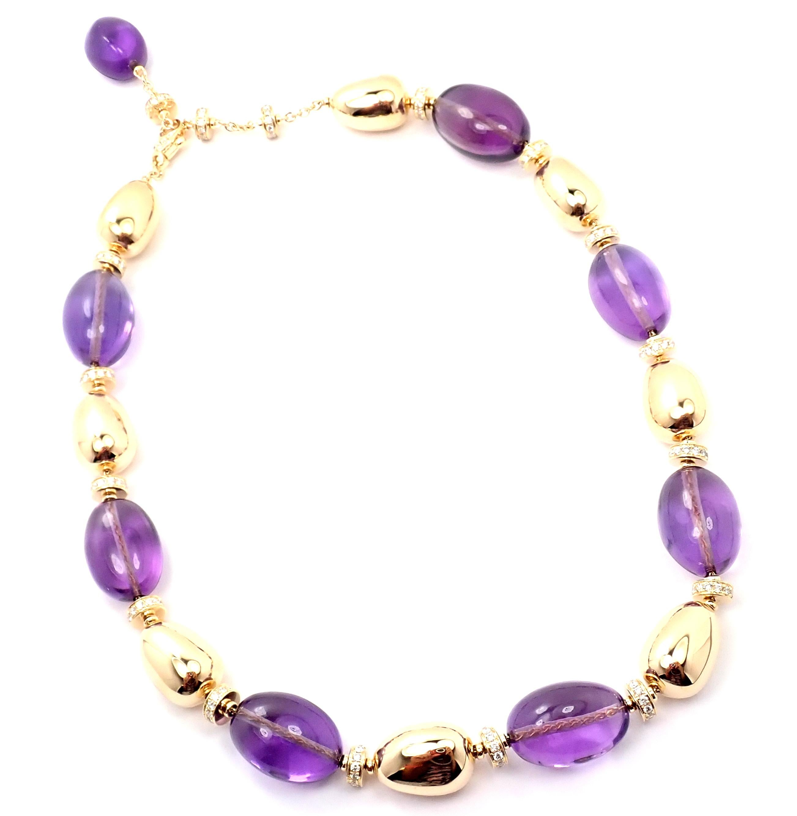 18k Yellow Gold Mediterranean Eden Diamond Amethyst Necklace by Bulgari.
With 214 Round brilliant cut diamonds VS1 clarity, E color total weight approximately 3.51ct
8 large amethysts 23mm x 15mm
Details:
Length: 15.80-18.30