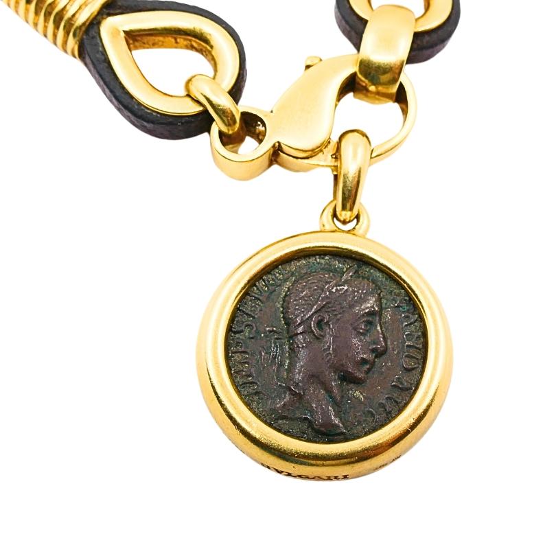 Bvlgari Bulgari Monete Necklace Ancient Coin 18k Gold Leather Cord In Good Condition For Sale In Beverly Hills, CA