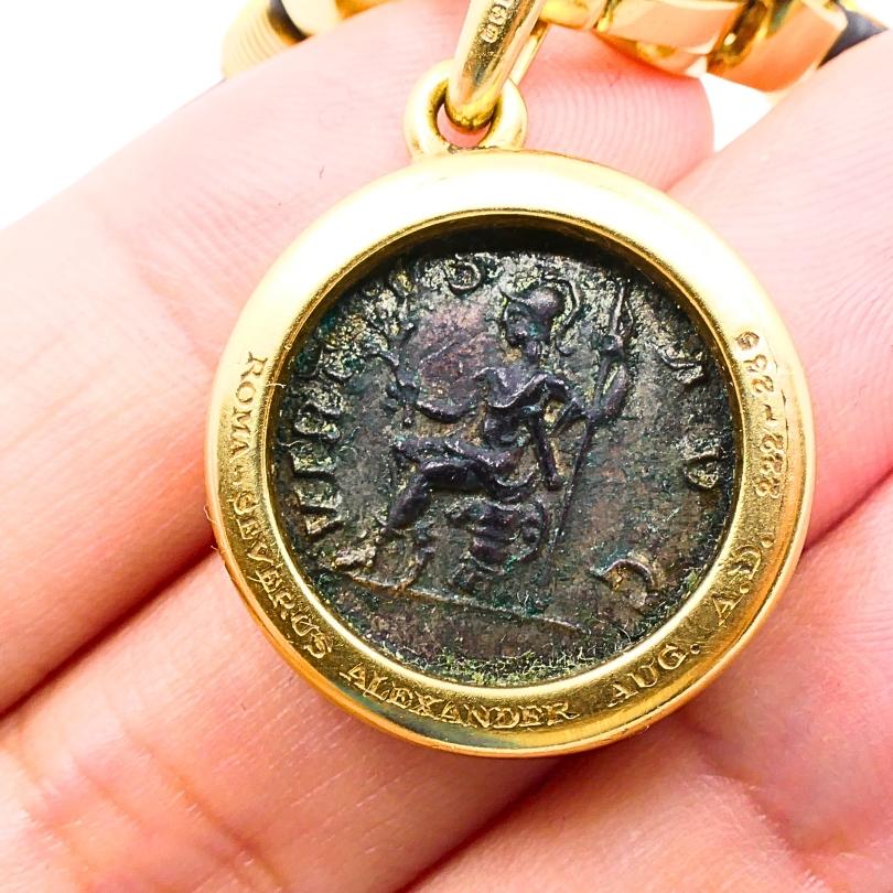 Women's or Men's Bvlgari Bulgari Monete Necklace Ancient Coin 18k Gold Leather Cord For Sale