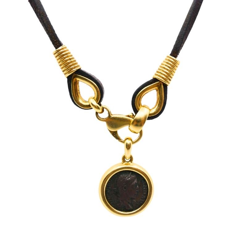Bvlgari Bulgari Monete Necklace Ancient Coin 18k Gold Leather Cord For Sale 2