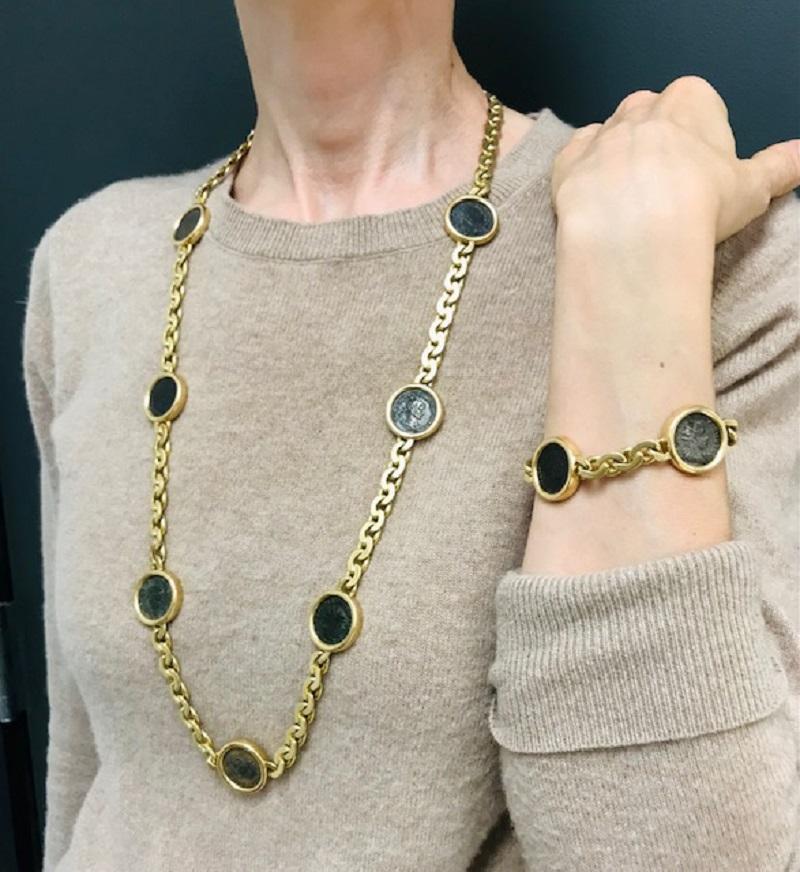 This iconic Bulgari Monete necklace consists of the 18k gold chain and ancient Roman coins. Each coin is framed in a round gold bezel that is stamped on the back side with the emperor’s name who’s portrayed in the coin, “Antoniano Diocleziano,