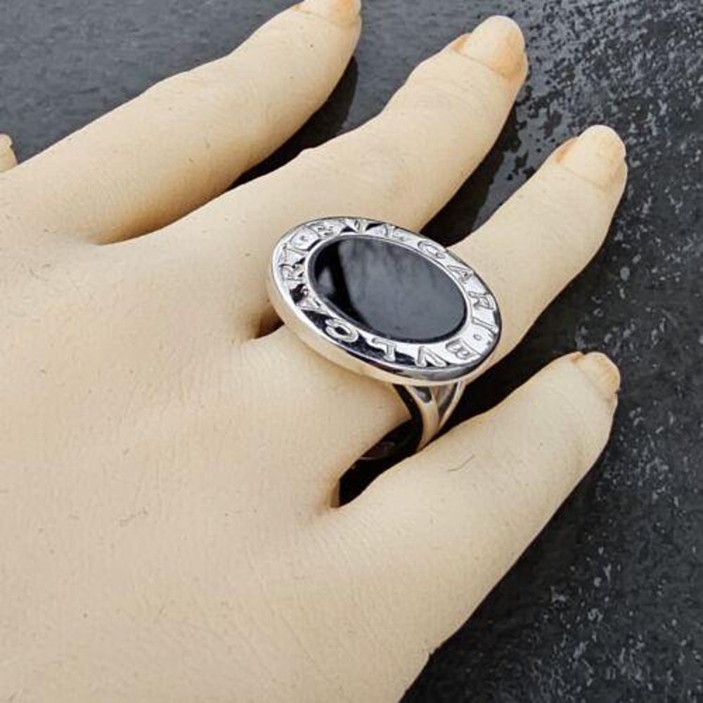 Round Cut Bvlgari Bulgari Onyx Circle Ring 18k Large White Gold Size 7.25 For Sale