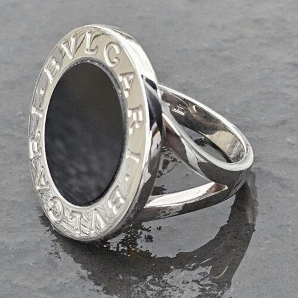 Bvlgari Bulgari Onyx Circle Ring 18k Large White Gold Size 7.25 In Good Condition For Sale In Northbrook, IL