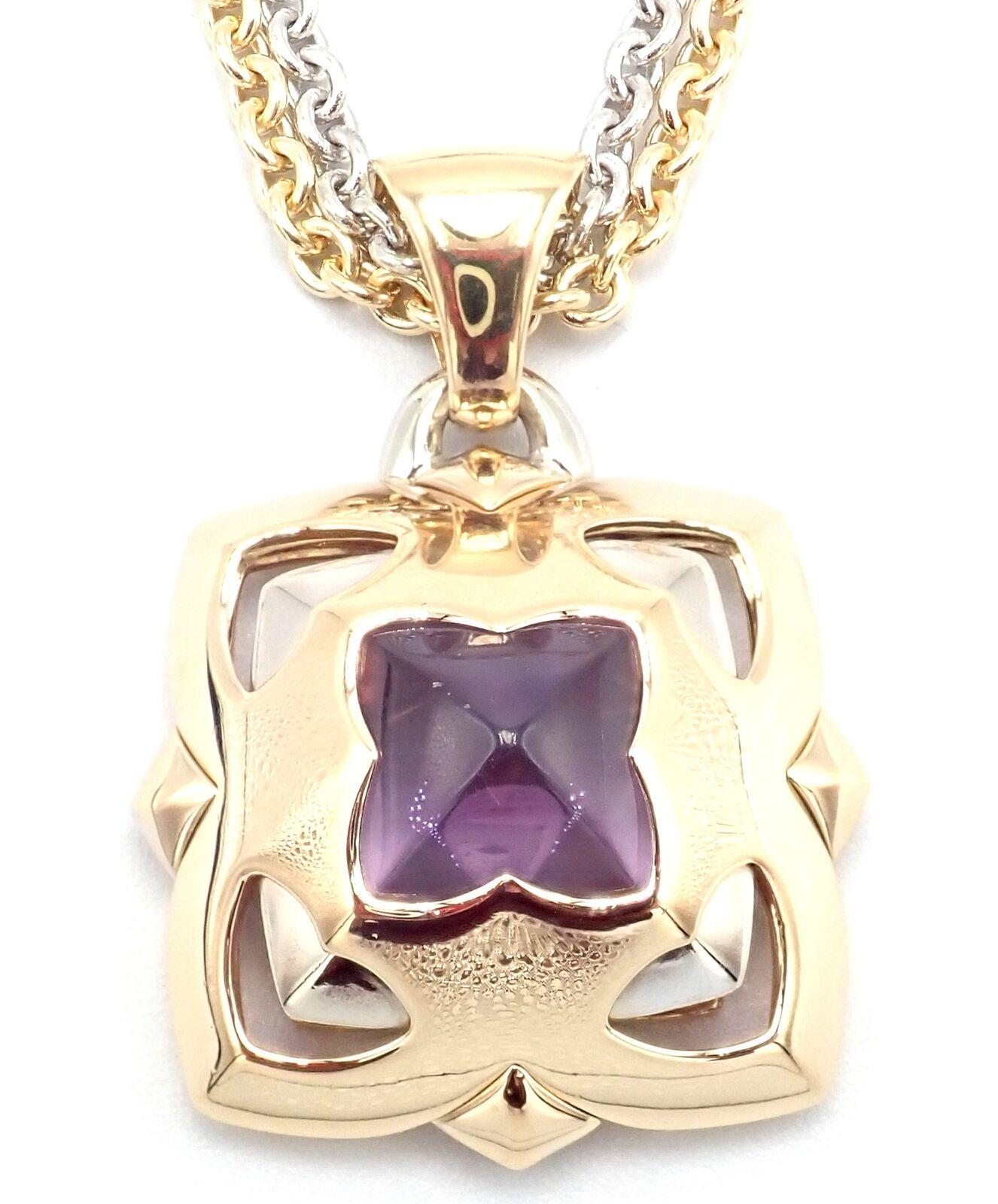 18k yellow gold and white gold large amethyst Pyramid pendant necklace by Bulgari.
With 1 Amethyst 12mm x 12mm
Details:
Chains Length: White Gold 20