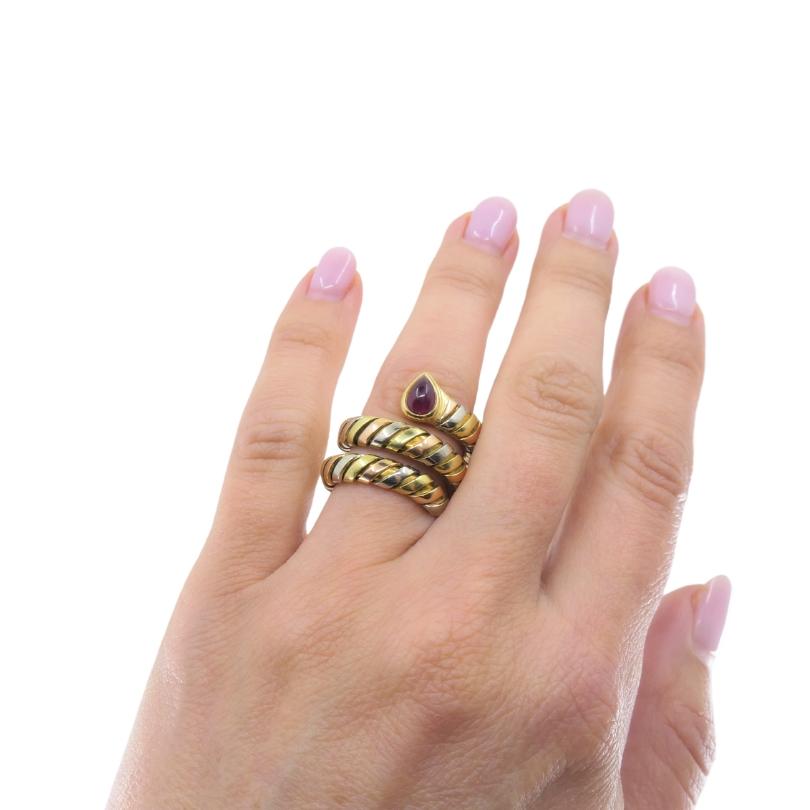 Pear Cut Bvlgari Bulgari Serpenti Tubogas Tricolor 18k Gold Ruby Ring For Sale