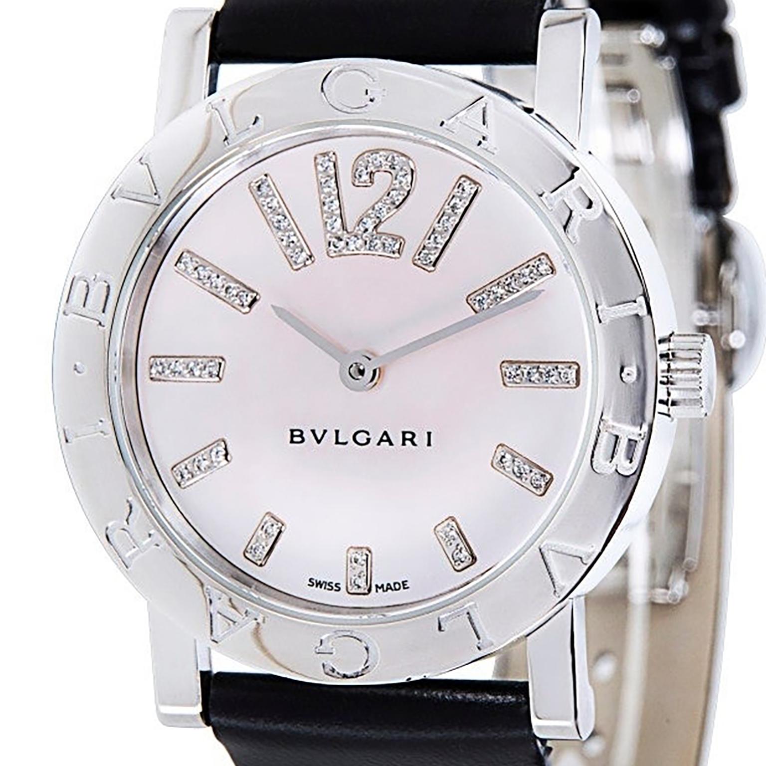 Bvlgari stainless steel case with with a leather strap. Fixed bezel. Mother of Pearl dial with steel hands and index - Arabic numerals, diamonds in hour markers. Scratch resistant sapphire crystal. Case size: 33 mm. Round case shape. Not water