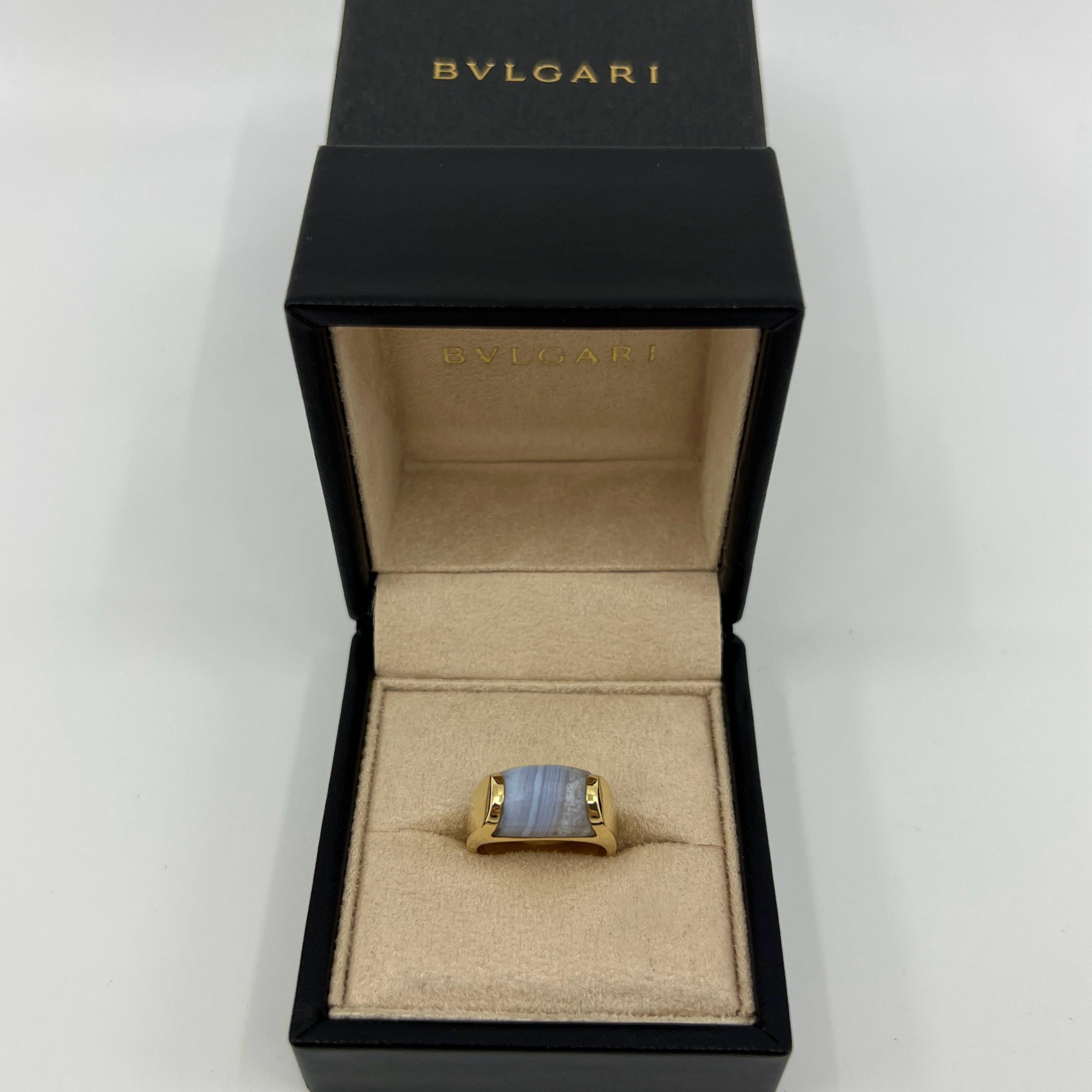 Cabochon Bvlgari Bulgari Tronchetto 18k Yellow Gold Blue Purple Agate Ring with Box 6.5 For Sale