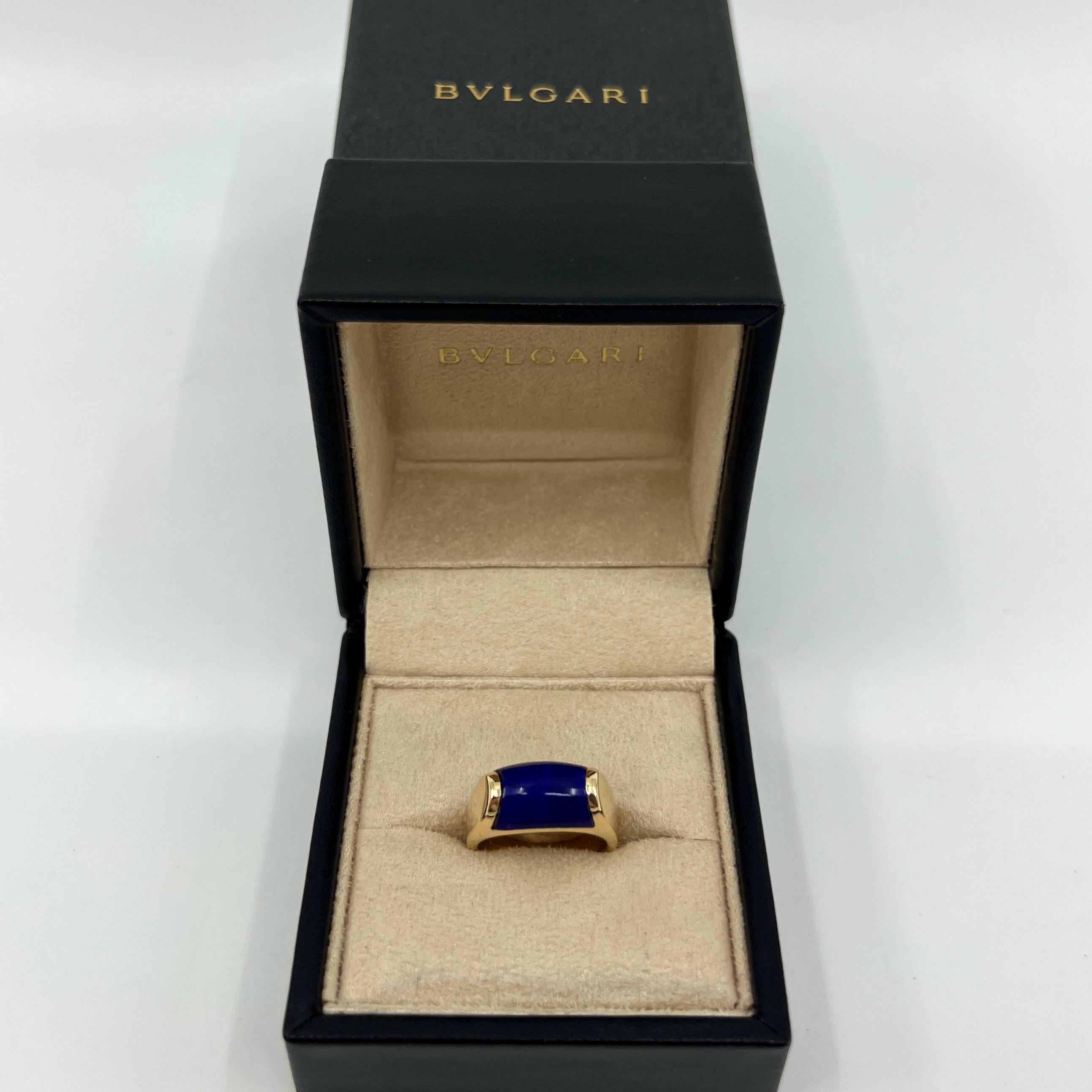 Rare Vintage Bvlgari Deep Blue Lapis Lazuli Tronchetto 18k Yellow Gold Ring.

Beautiful domed blue lapis lazuli set in a fine 18k yellow gold tension set ring from the stunning tronchetto collection.

In excellent condition, has been professionally