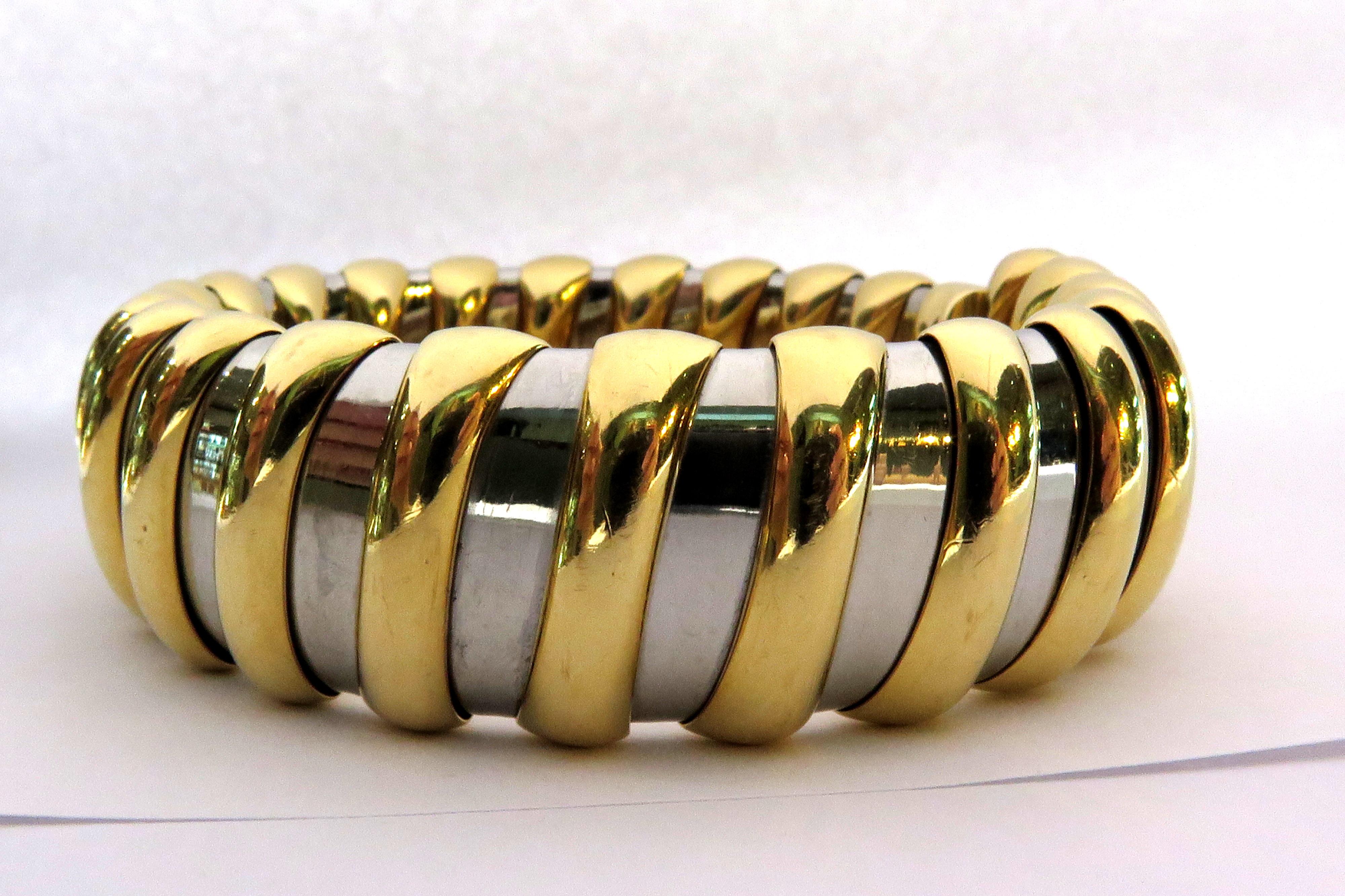 Women's or Men's Bvlgari Bulgari Tubogas 2 Tone 18 Karat Gold Steel Large Size Flexible Bracelet