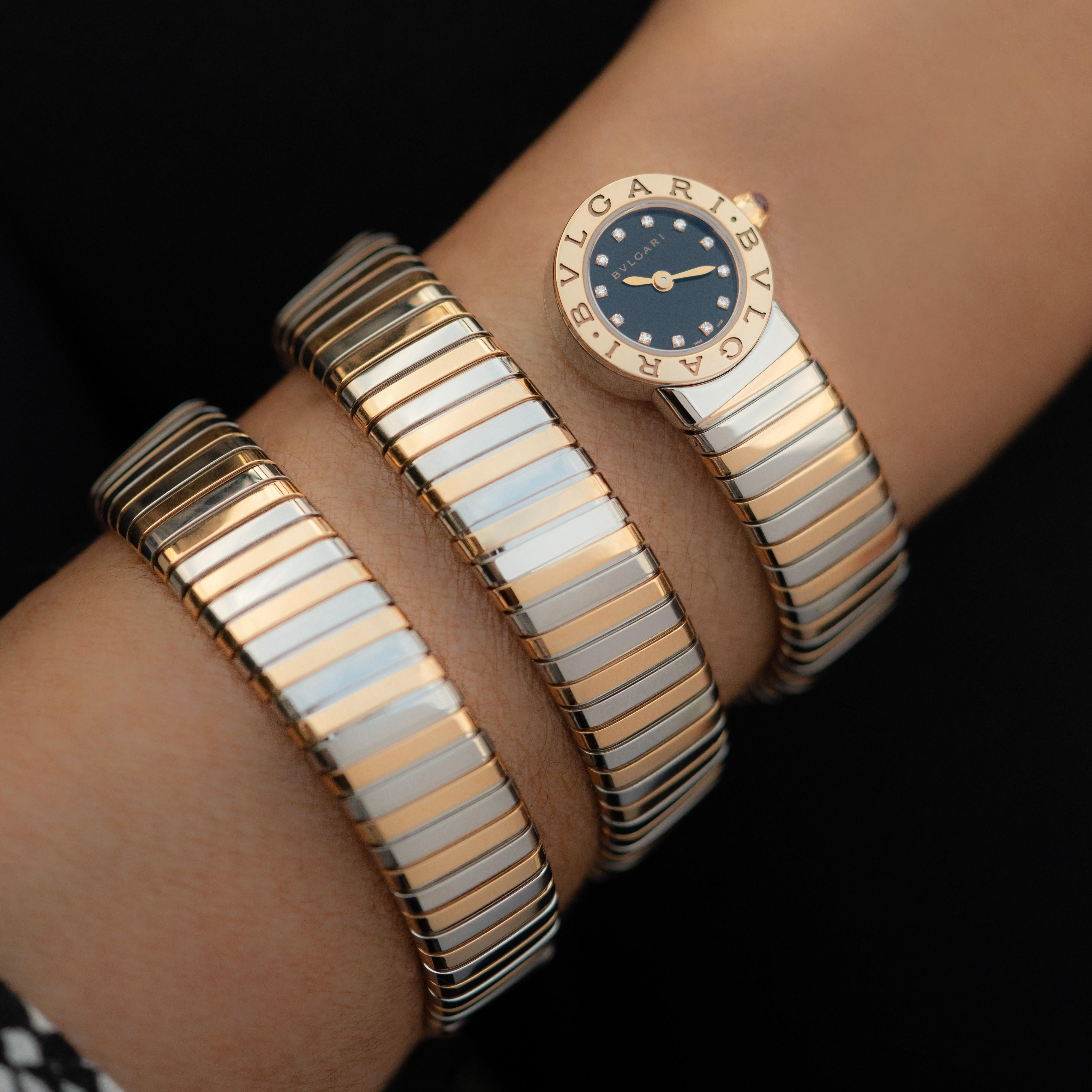 Bvlgari Bulgari Tubogas Wrap Watch Model BB LP191T SG Diamond Dial In Excellent Condition In New York, NY