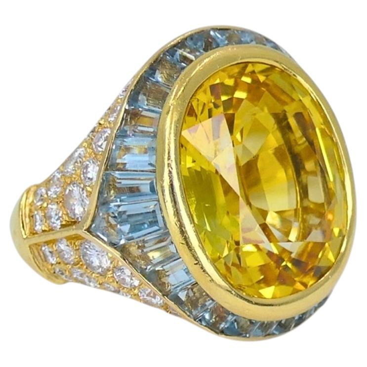 Bvlgari Bulgari Yellow Sapphire Ring Gold Aquamarine Diamond Vintage Jewelry For Sale