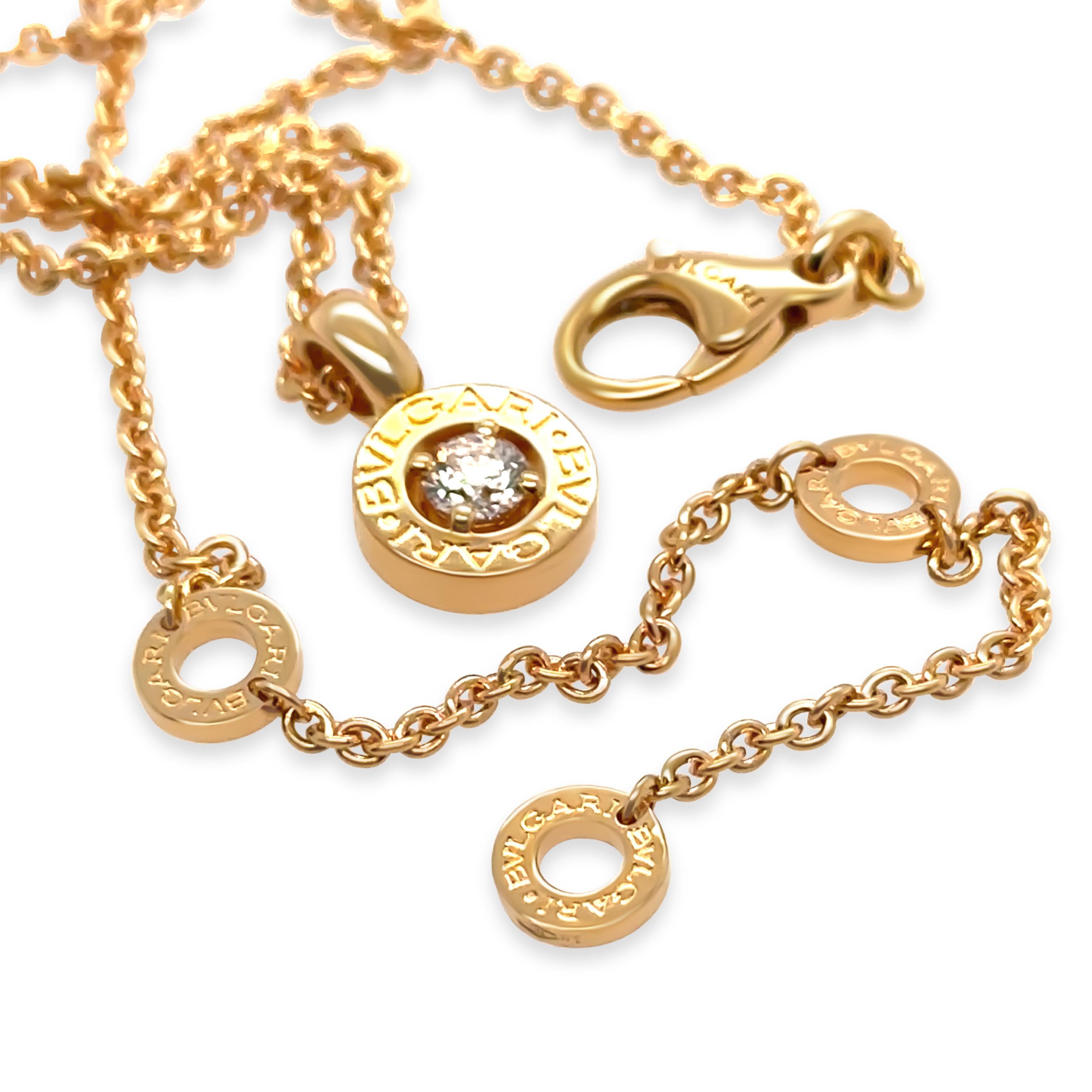 This elegant Bvlgari Bvlgari pendant necklace is crafted in 18ct rose gold, featuring a round stamped pendant bezel-set with a 0.25ct round brilliant-cut diamond at its centre. The timeless design is complemented by a Cuban link chain with