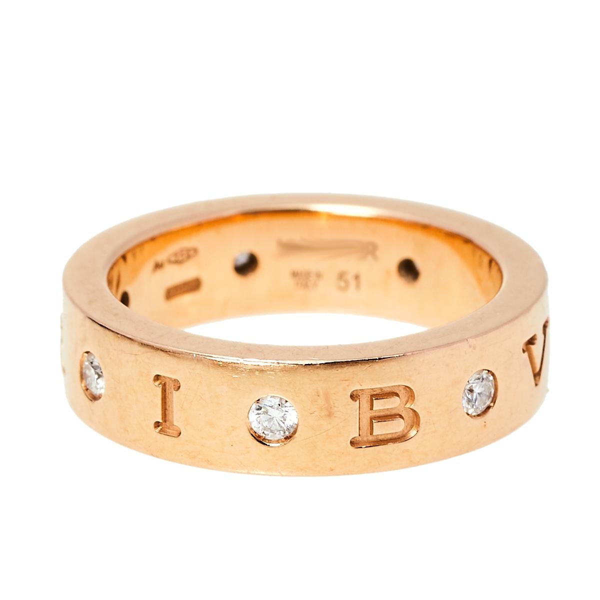 Well-crafted jewelry like this ring exudes creativity and style. This Bvlgari piece has been beautifully sculpted from 18k rose gold in Italy and detailed with the brand's logo meticulously engraved around it. The neat engravings are joined in