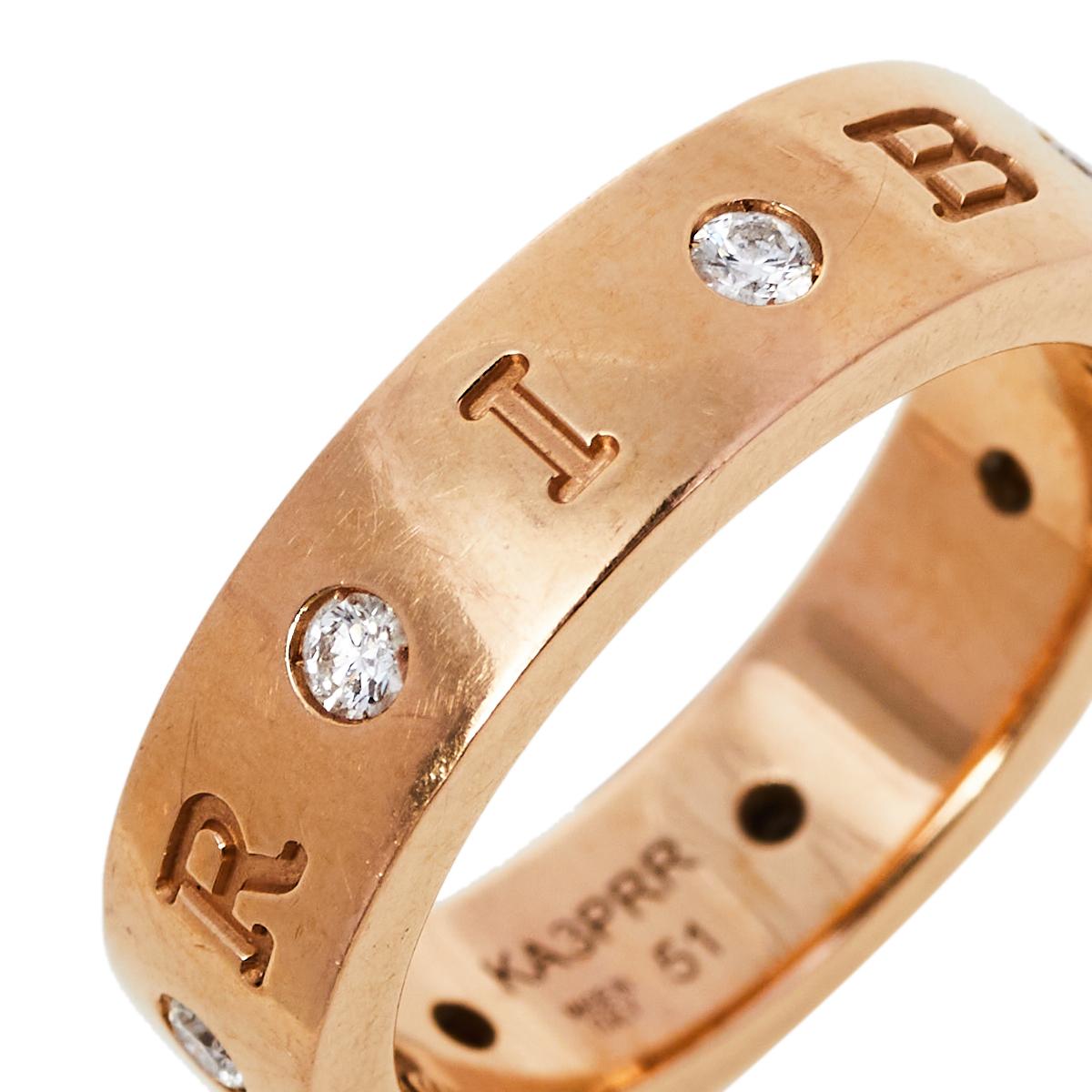 Contemporary Bvlgari Bvlgari 18K Rose Gold Diamond Band Ring Size EU 51
