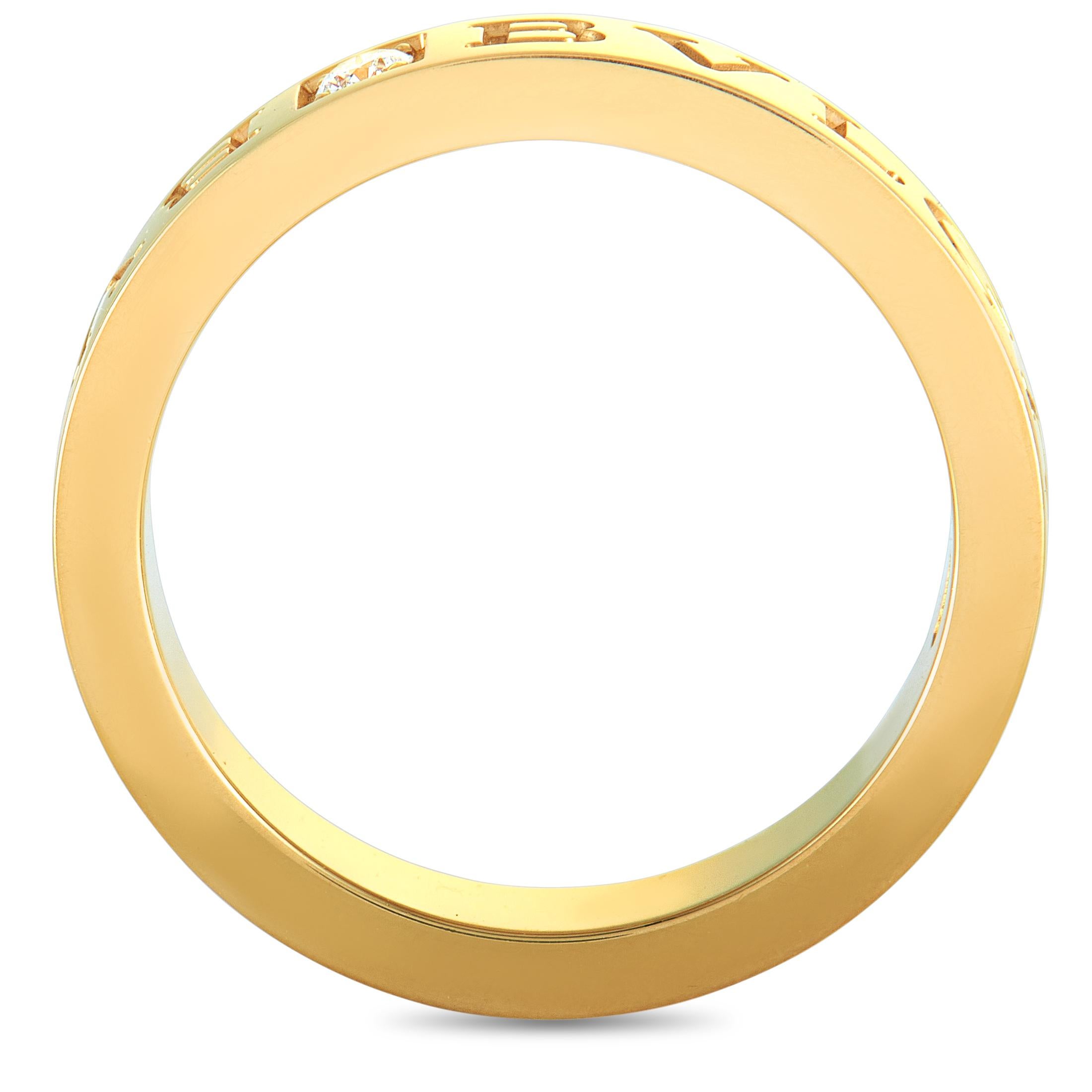 The Bvlgari “BVLGARI BVLGARI” ring is crafted from 18K yellow gold and set with a diamond stone. The ring weighs 7.1 grams and boasts band thickness of 3 mm.
Ring Size: 6.5

This item is offered in brand new condition and includes the manufacturer’s