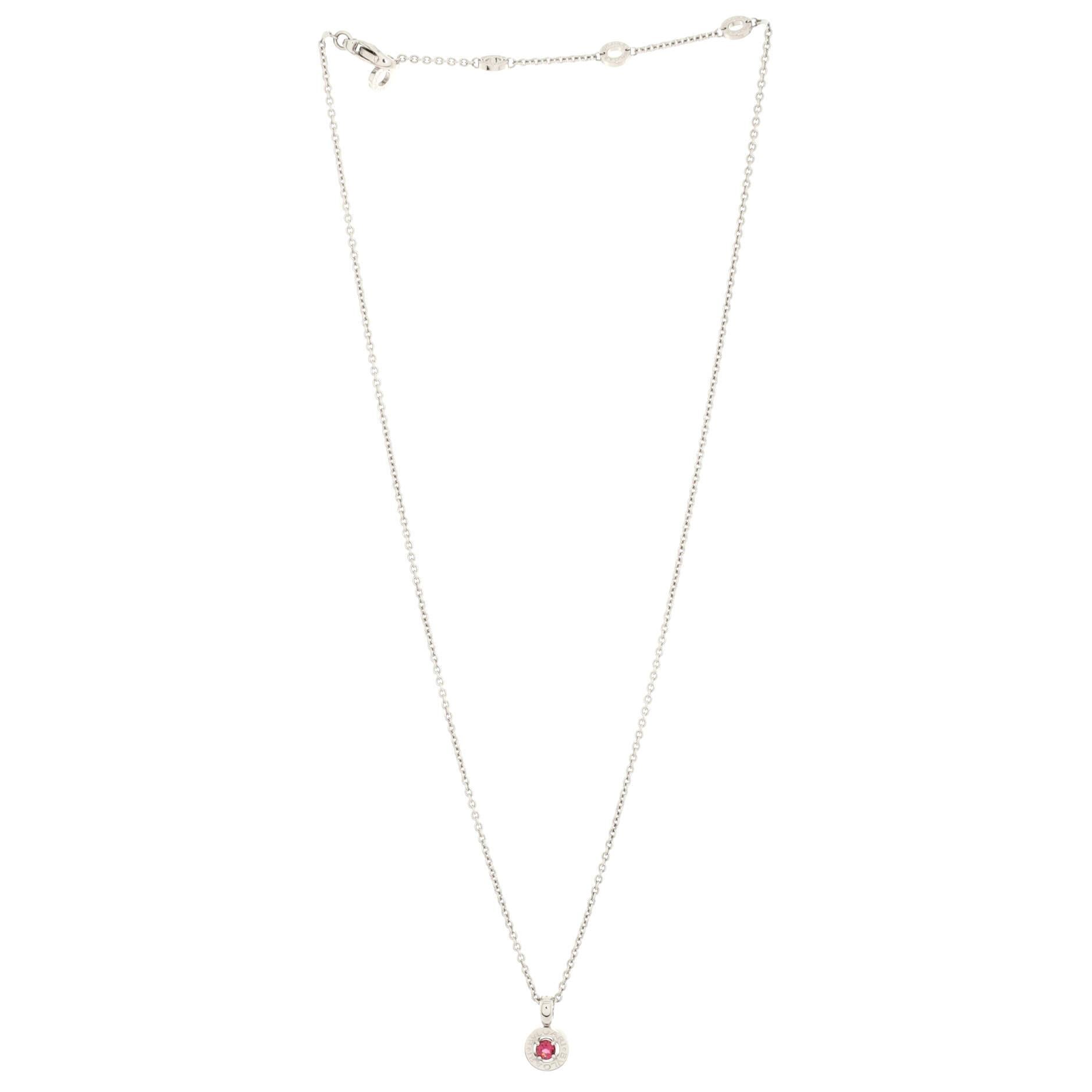 Bvlgari Bvlgari Bvlgari Pendant Necklace 18K White Gold with Diamonds and Pink In Good Condition For Sale In New York, NY