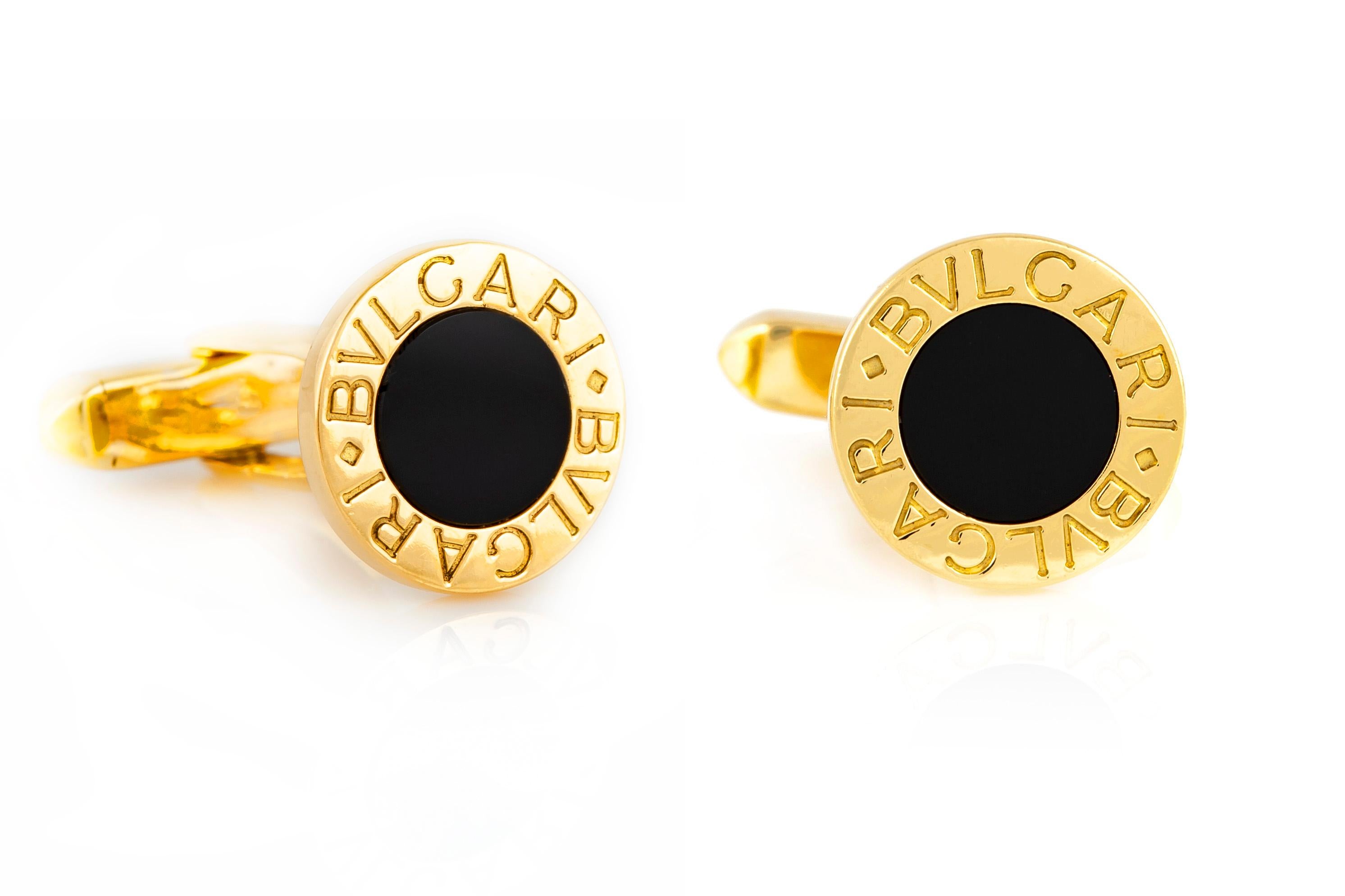 Original Bvlgari cufflinks finely crafted in 18k yellow gold with Black Onyx at the center. 