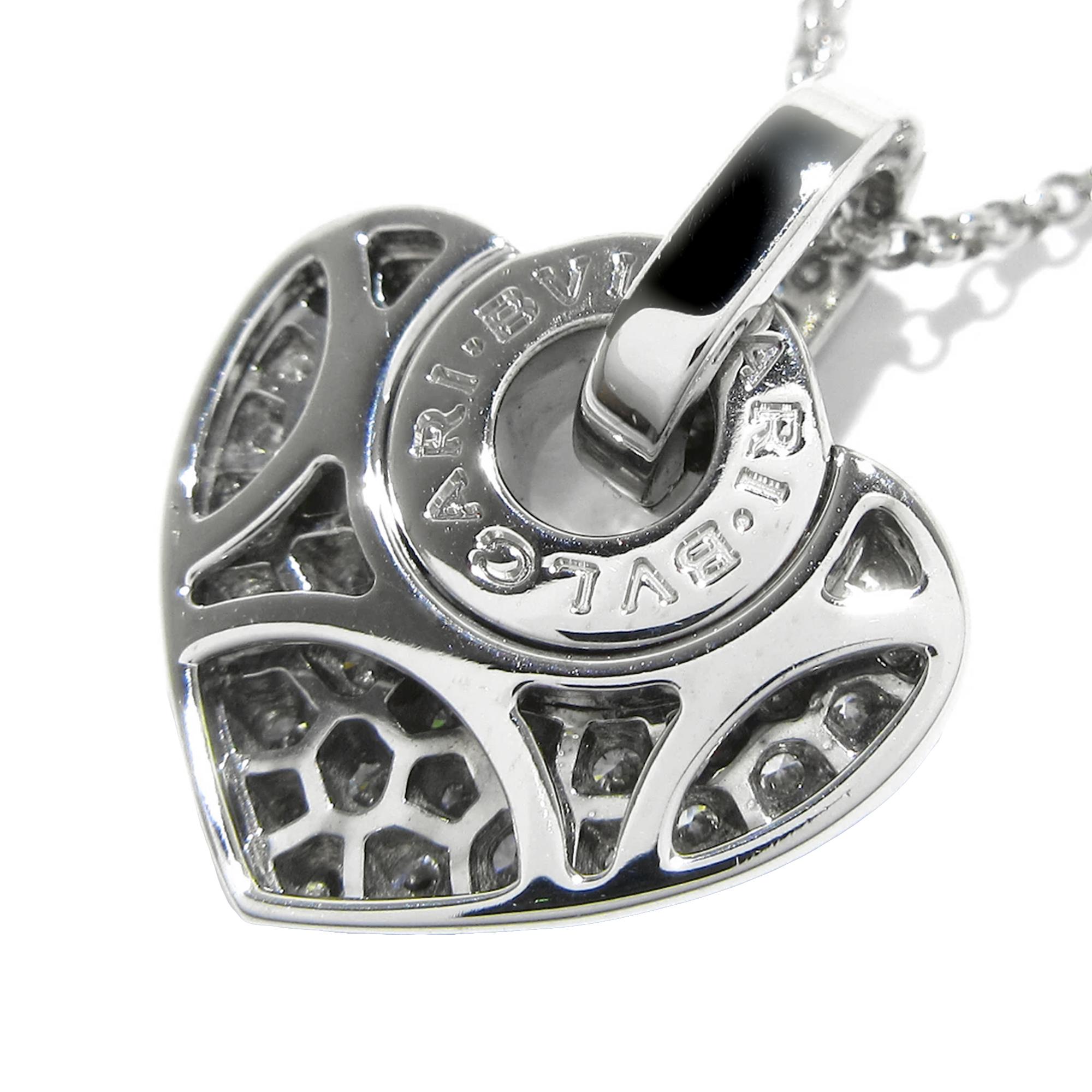 Round Cut Bvlgari Bvlgari Diamond 18k White Gold Vintage Heart Pendant Necklace For Sale